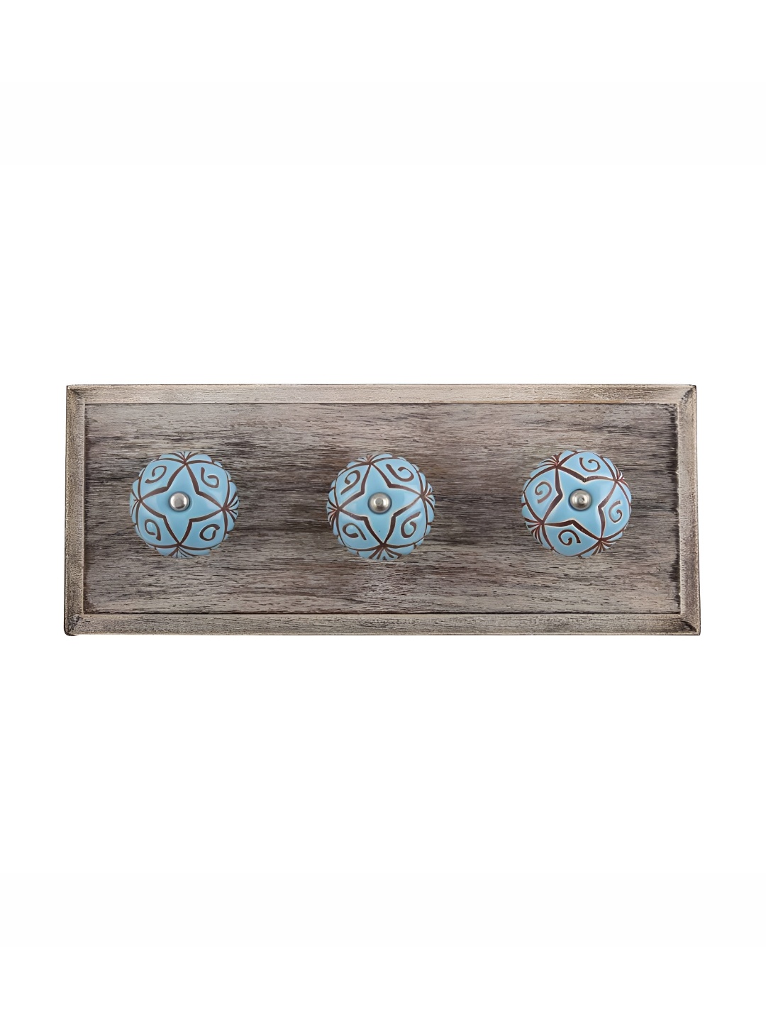 

Indianshelf Beige & Turquoise Blue Floral Etched Melon Rectangular Shaped Wooden Wall Hook