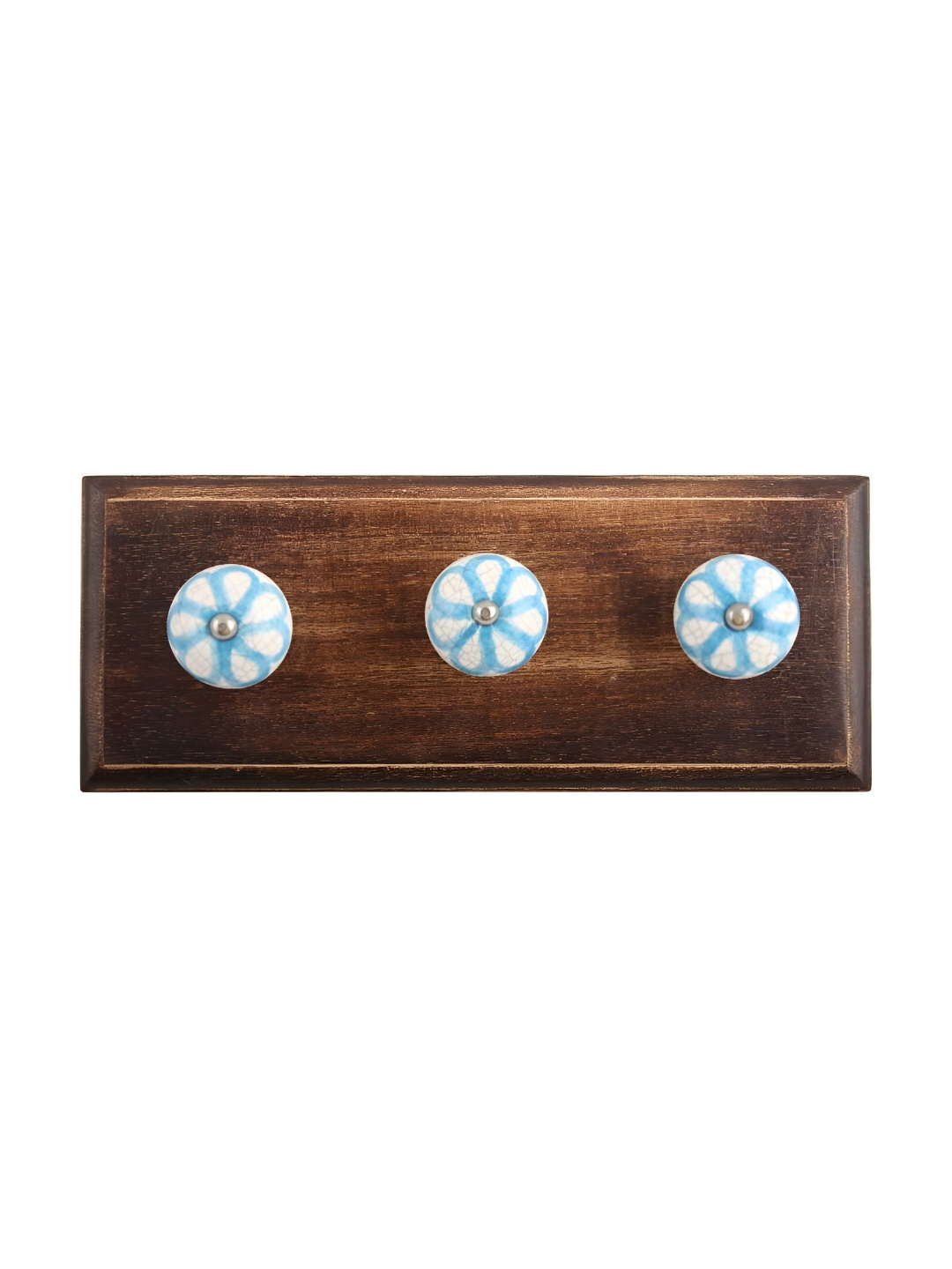 

Indianshelf Brown & White Floral Printed Crackle Melon Rectangle Shape Wooden Wall Hook, Blue