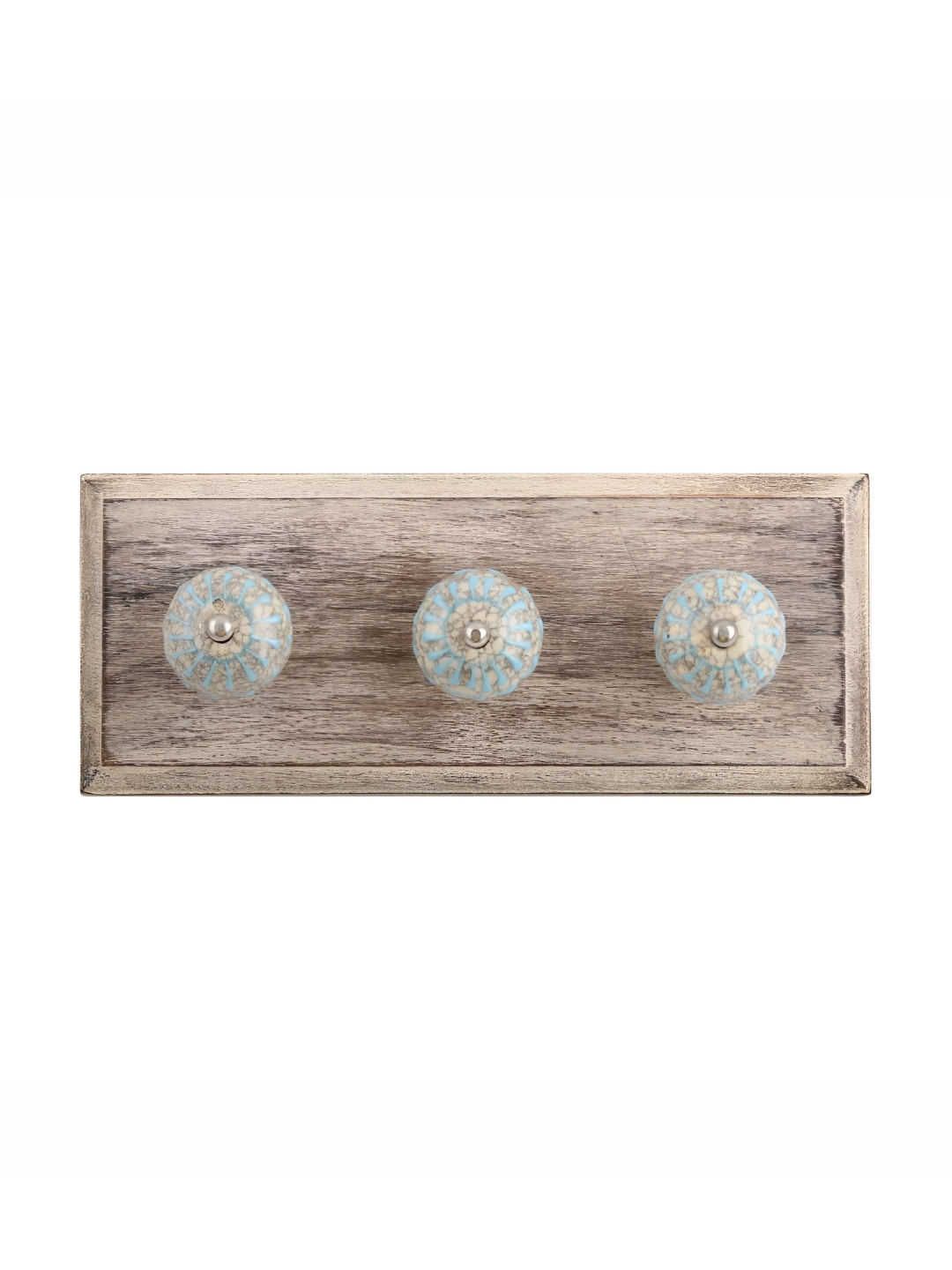 

Indianshelf Beige & Turquoise Blue Floral Melon Rectangular Shaped Wooden Wall Hook