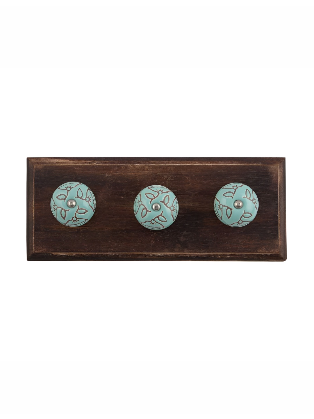 

Indianshelf Turquoise Blue & Brown Calla Lily Etched Printed Wooden Wall Hooks Holder