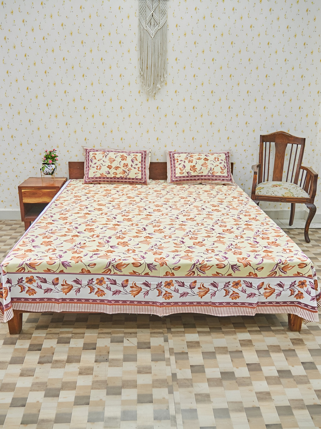 

Ethnic Rajasthan Orange & Yellow Floral Cotton 140 TC Queen Bedsheet with 2 Pillow Covers