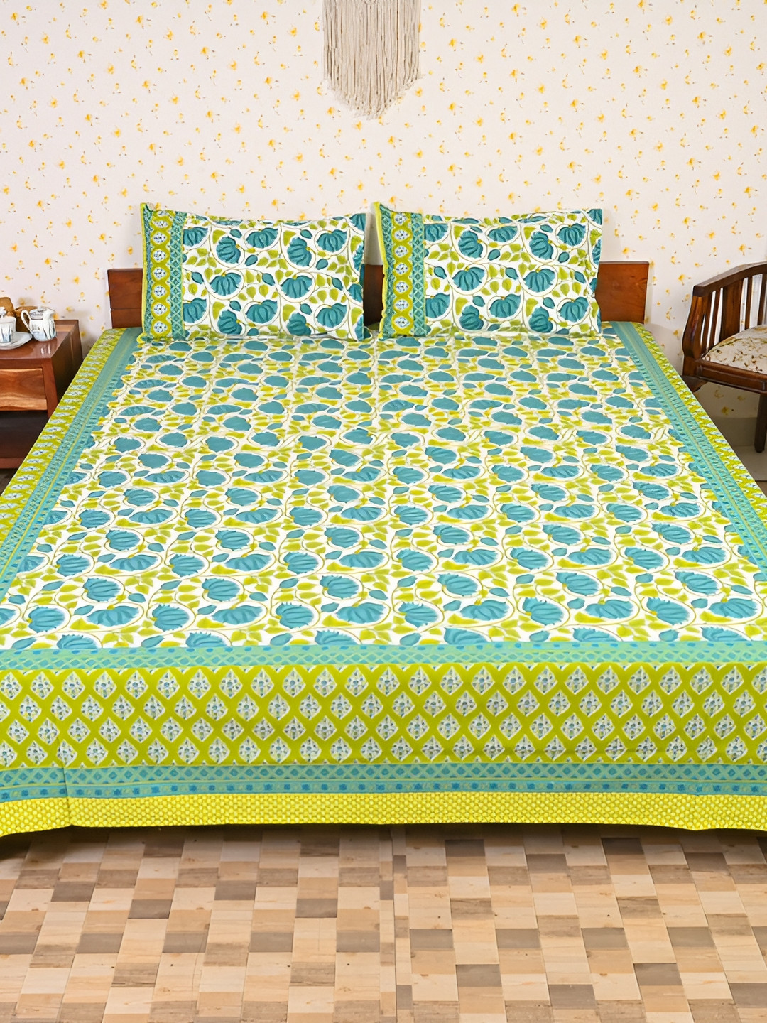 

Ethnic Rajasthan Green & Yellow Floral Cotton 140 TC Queen Bedsheet With 2 Pillow Covers