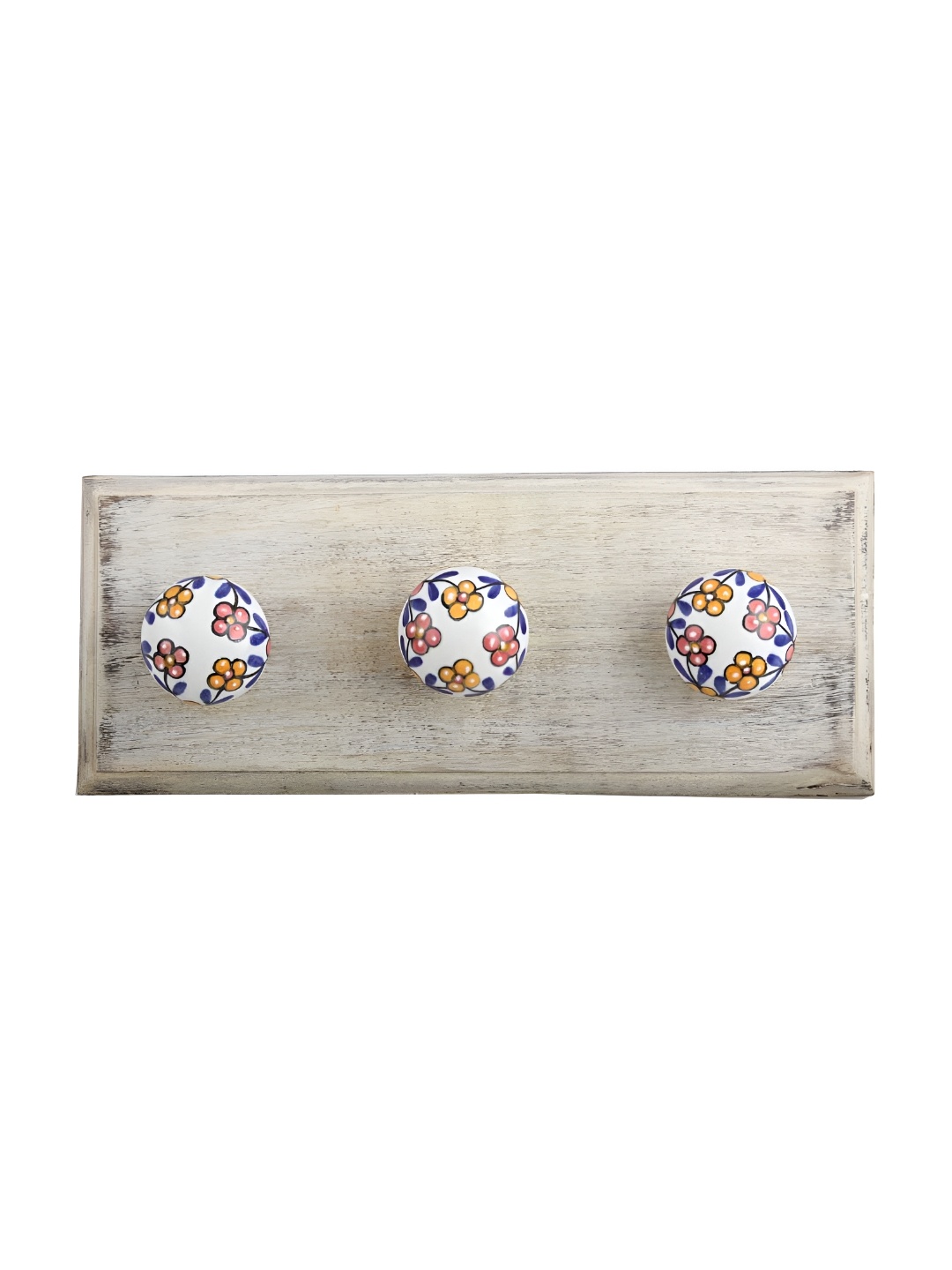 

Indianshelf White & Mustard Yellow Floral Printed Wooden Wall Hooks