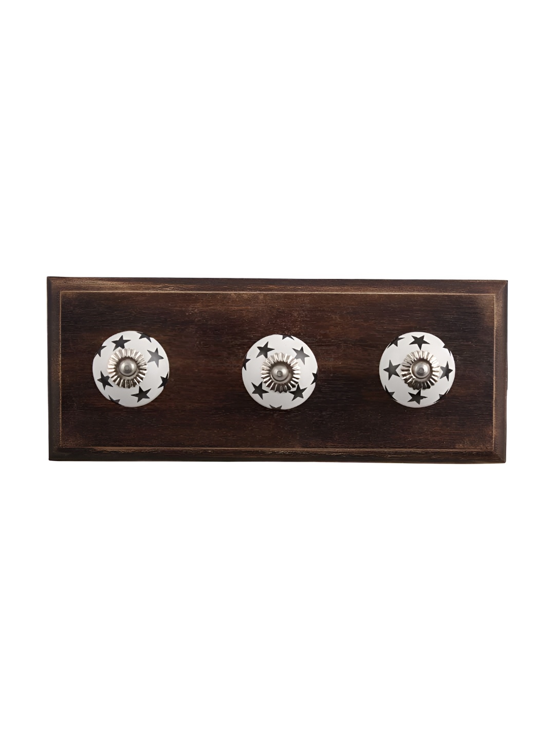 

Indianshelf Brown & White Star Printed Melon Rectangle Shape Wooden Wall Hook, Black