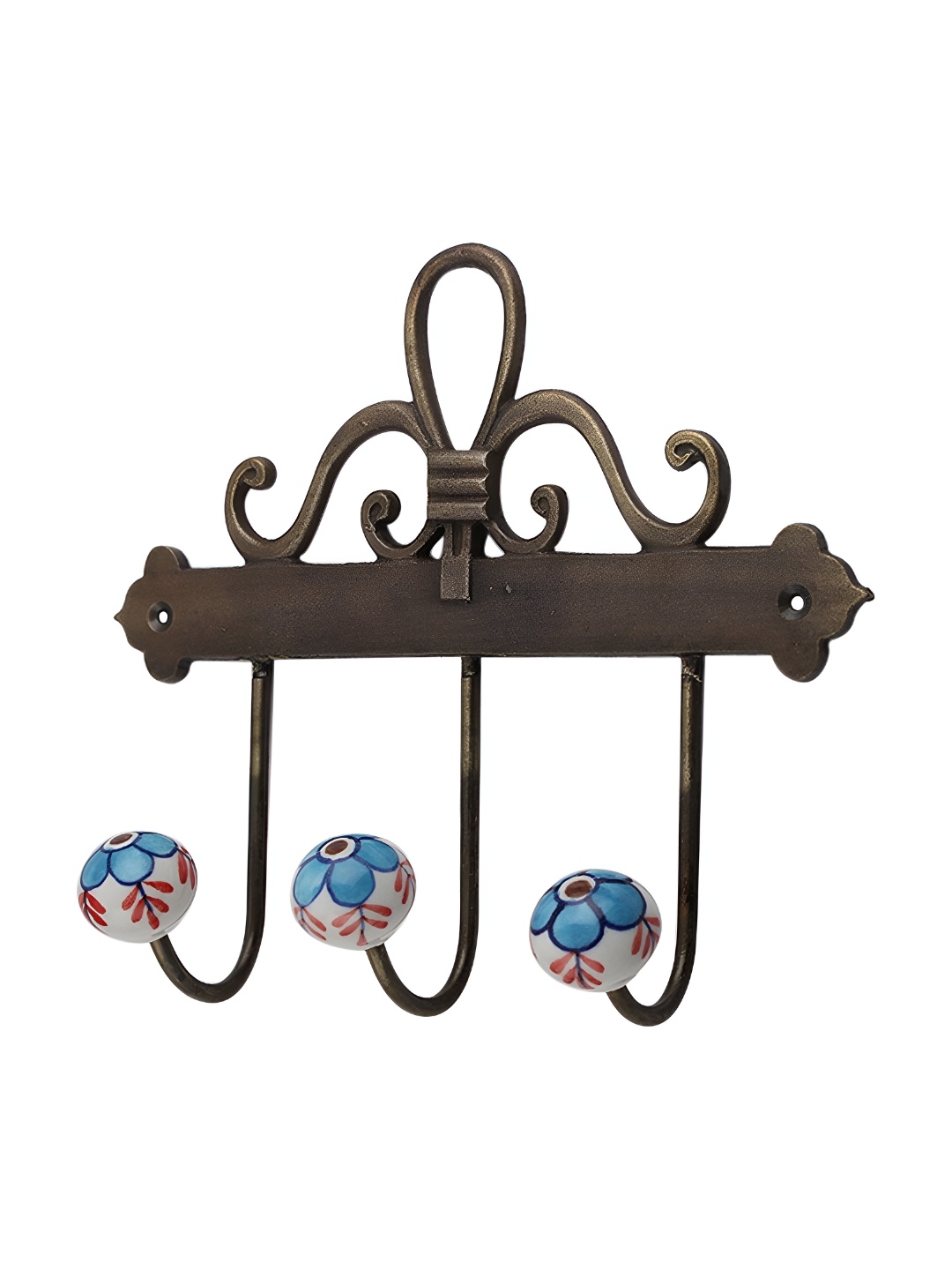 

Indianshelf Brown & Turquoise Blue Floral Printed Melon Rectangle Shape Wooden Wall Hook