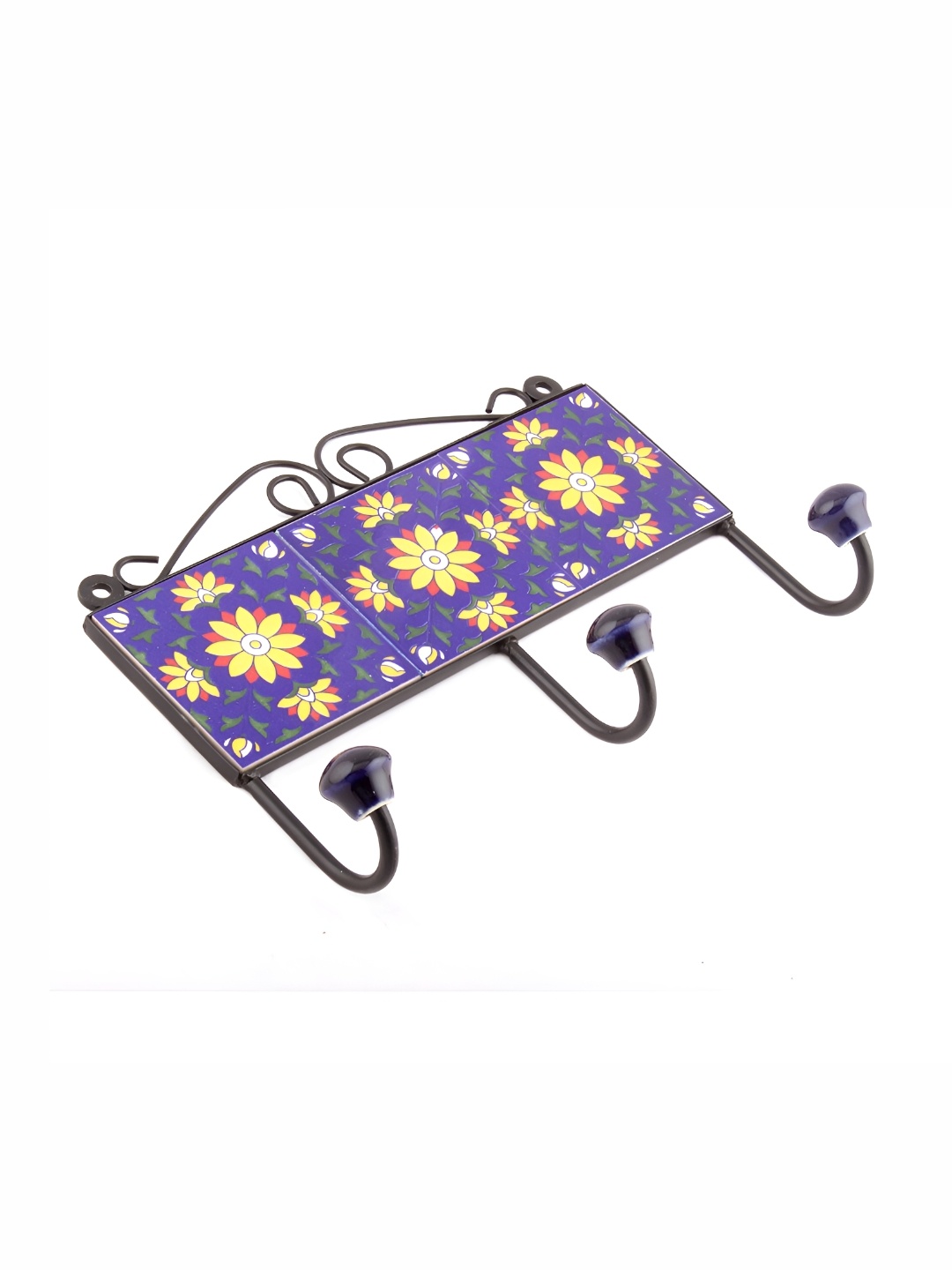 

Indianshelf Yellow & Blue Floral Printed Ceramic Wall Hooks Key Holder