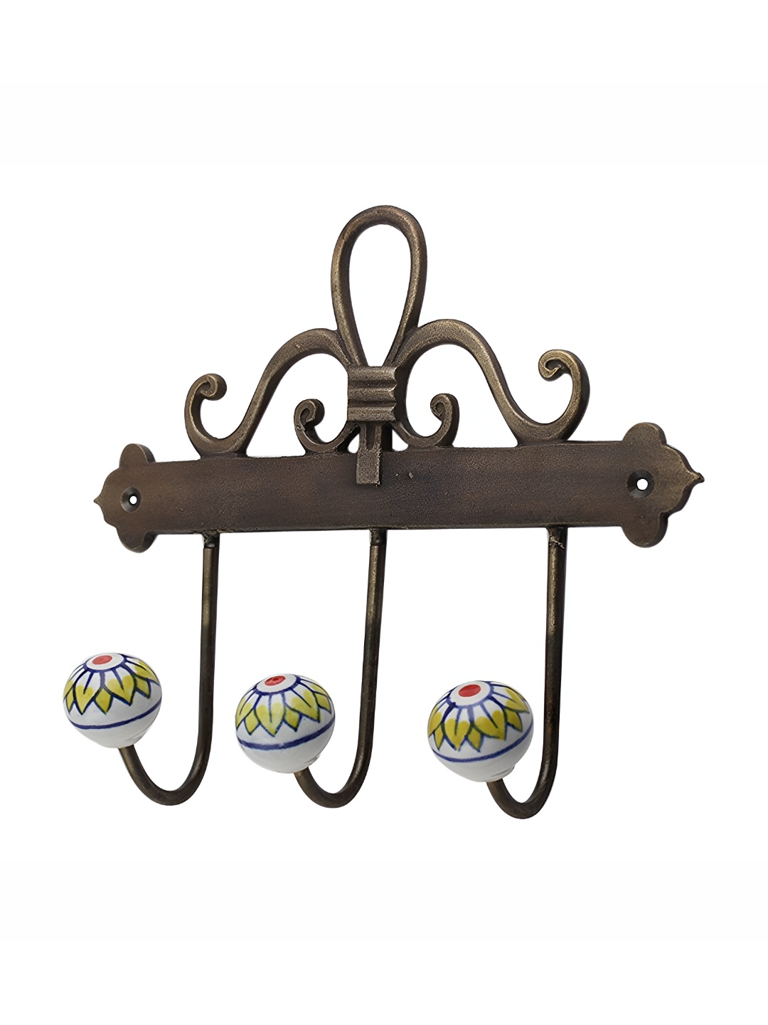 

Indianshelf Brown & White Floral Print Ceramic 3-Hooks Wall Key Holder