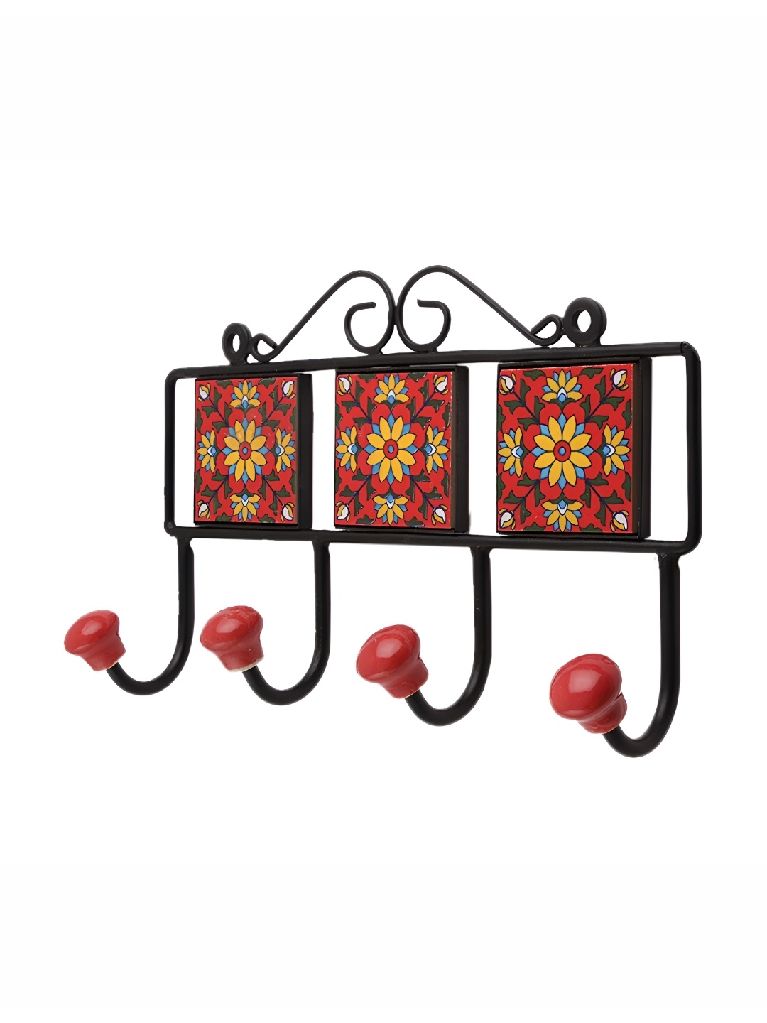 

Indianshelf Red & Black Floral Printed Ceramic Wall Hooks Key Holder