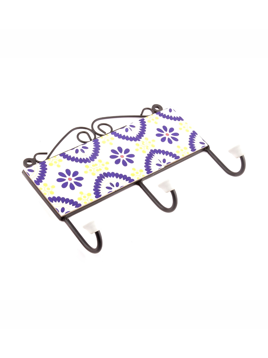 

Indianshelf Blue & White Printed Metal Wall 3 Hooks Key Holder