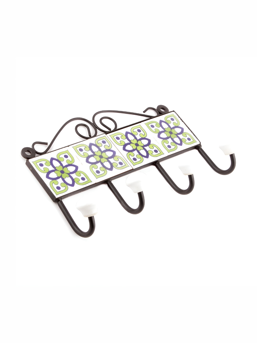 

Indianshelf White & Green Printed Ceramic 4-Hooks Wall Key Holder