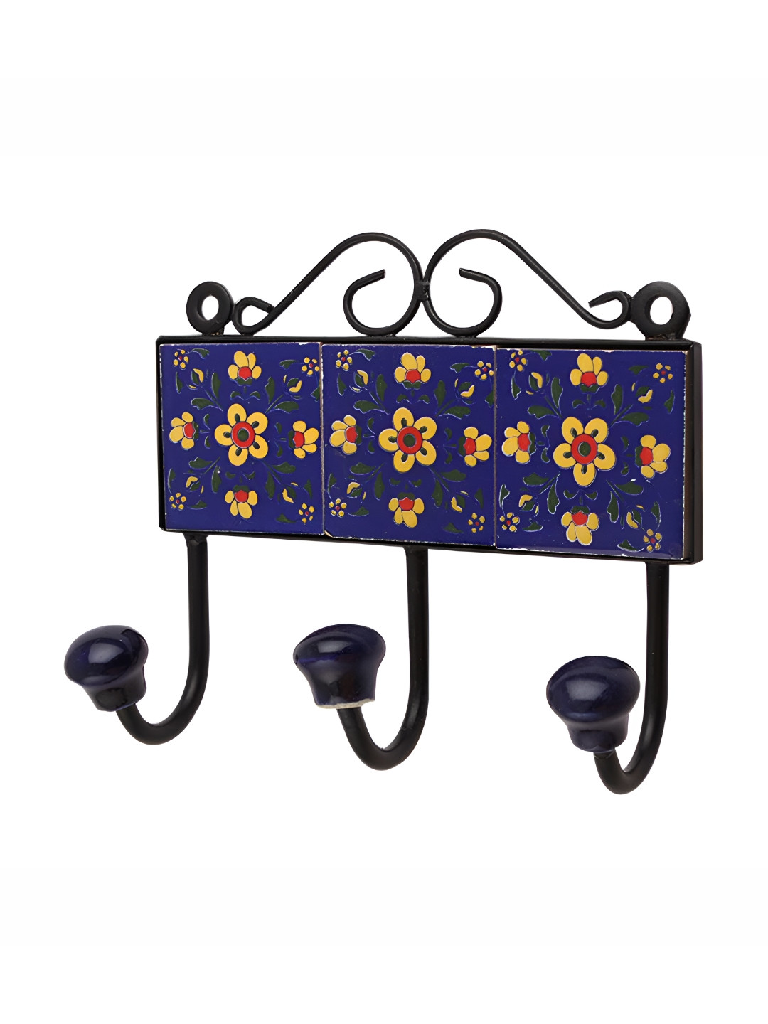 

Indianshelf Blue & Yellow Printed Ceramic Wall Key Holder