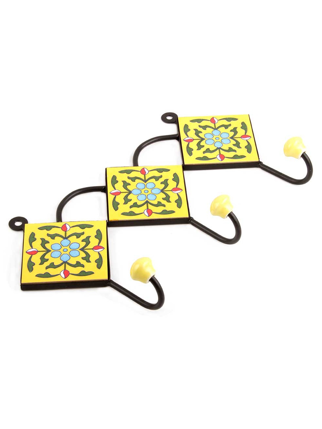 

Indianshelf Yellow & Black Floral Print Ceramic 3-Hooks Wall Key Holder