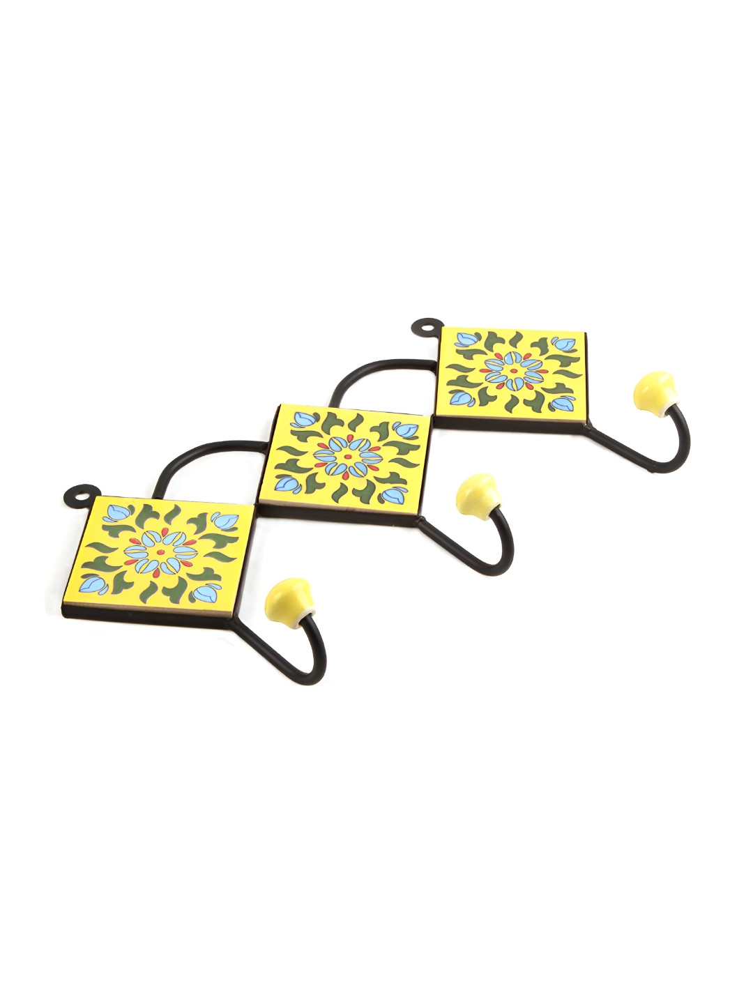 

Indianshelf Yellow & Black Floral Tile Printed Ceramic Wall Hooks Key Holder