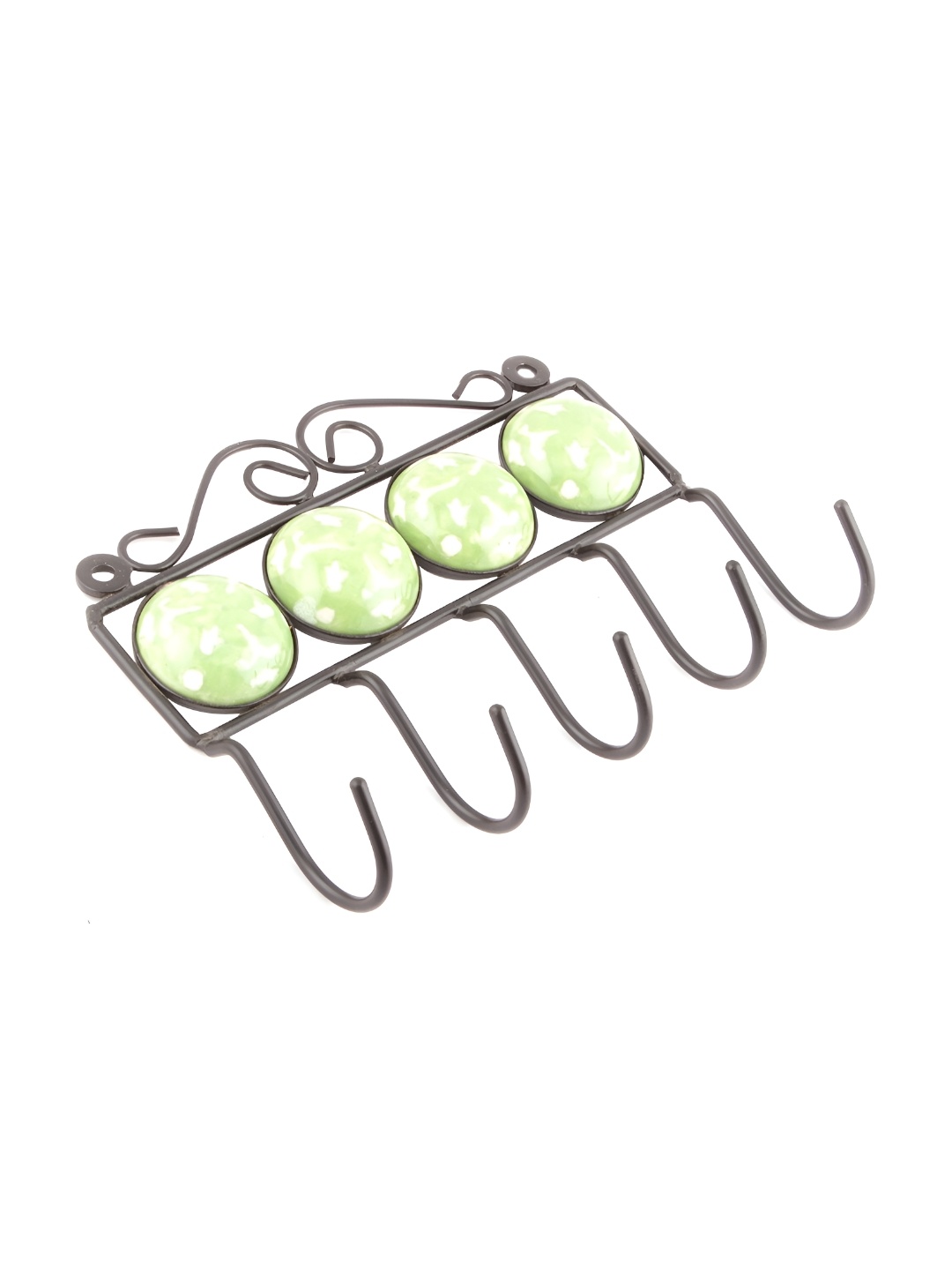 

Indianshelf Green & White Floral Tile Round Ceramic Wall Hooks Key Holder