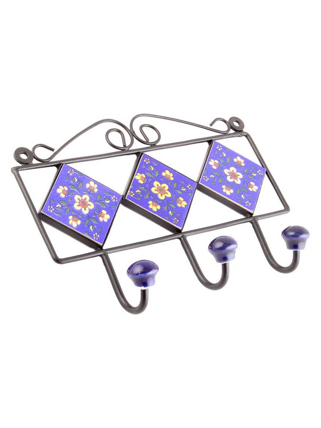 

Indianshelf Blue & Brown Floral Printed Ceramic Wall Hooks Key Holder
