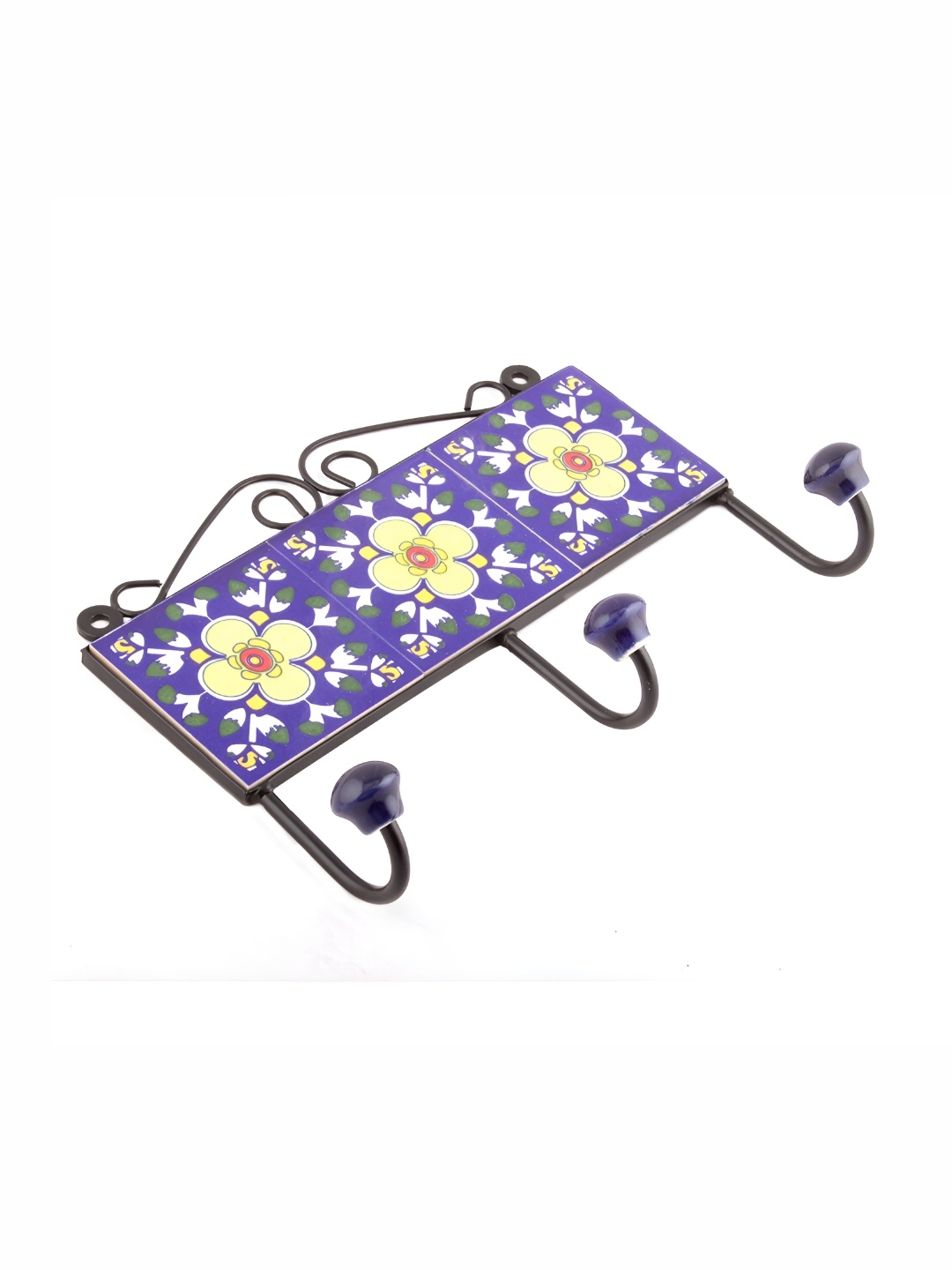 

Indianshelf Blue & Yellow Floral Print Ceramic Wall Hooks Key Holder