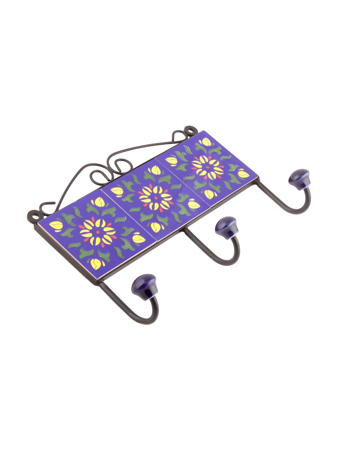 

Indianshelf Blue & Yellow Floral Print Ceramic Wall 3 Hooks Key Holder