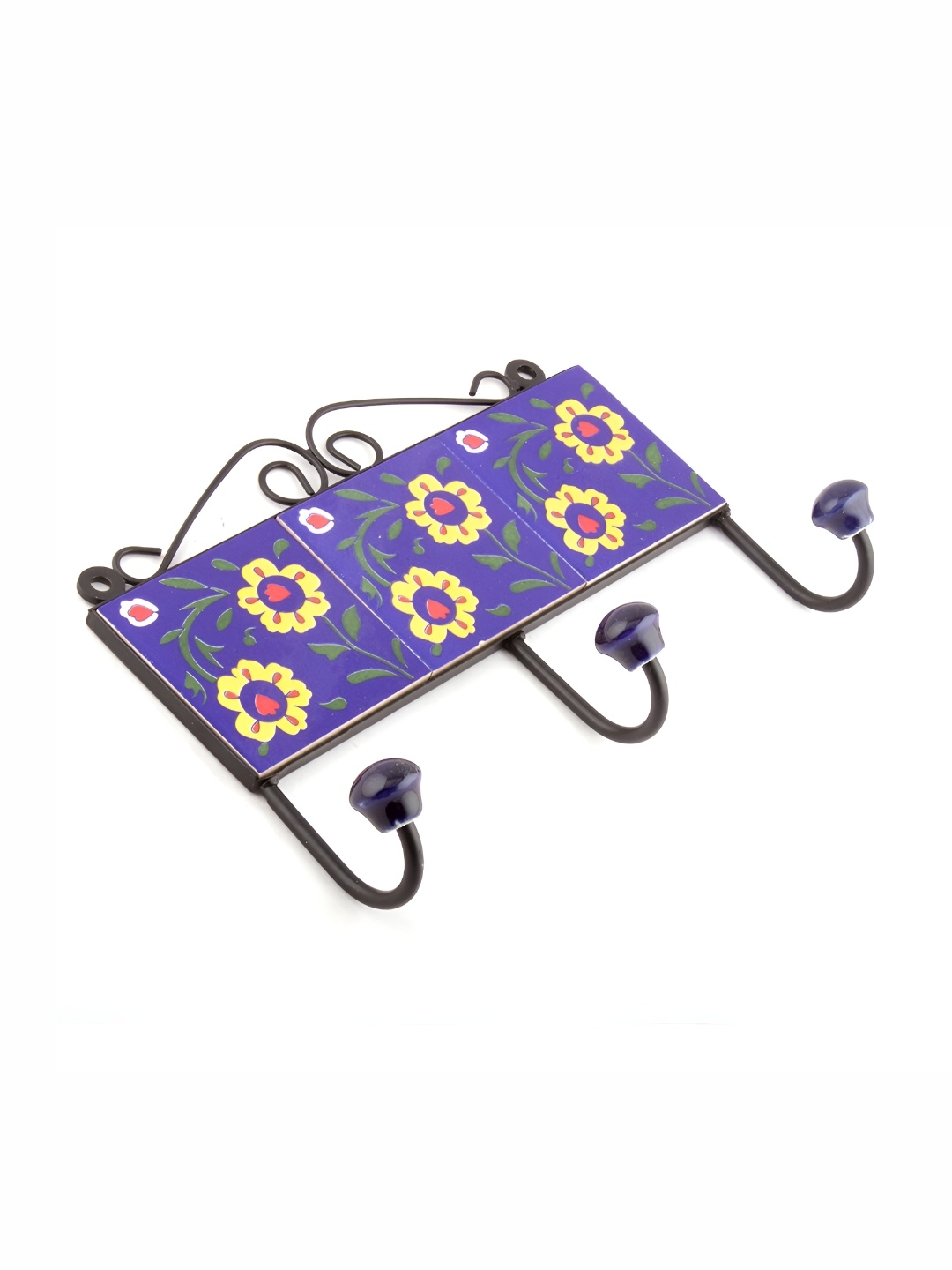 

Indianshelf Blue & Yellow Floral Tile Ceramic Wall 3 Hooks Key Holder