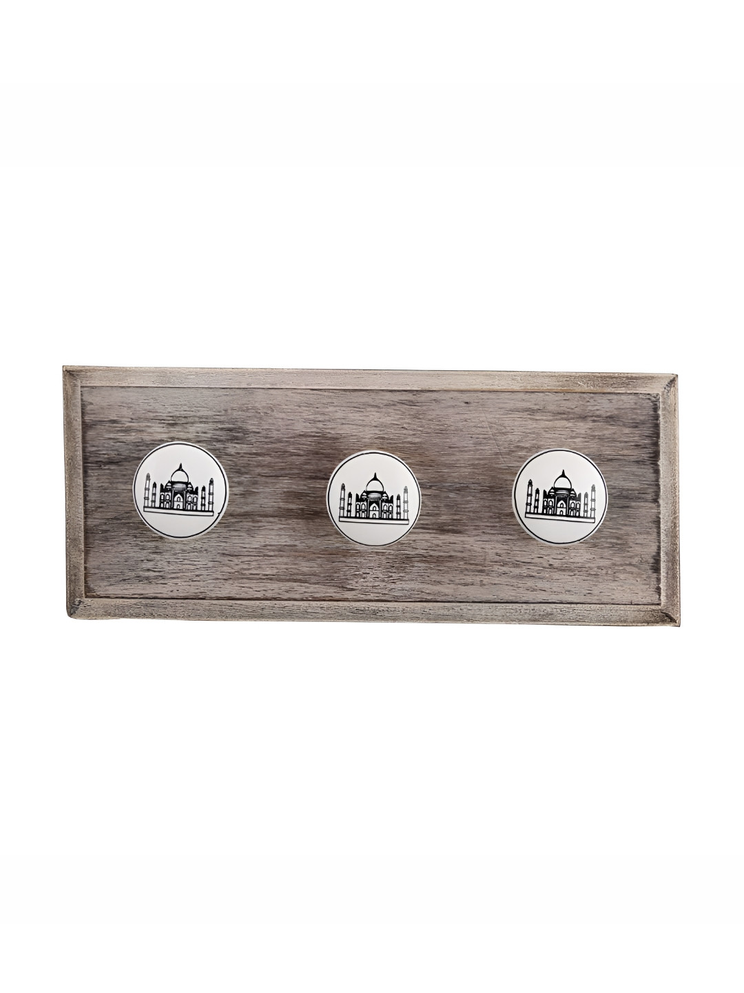 

Indianshelf White & Black Tajmahal Printed Wooden Wall 3 Hooks Key Holder