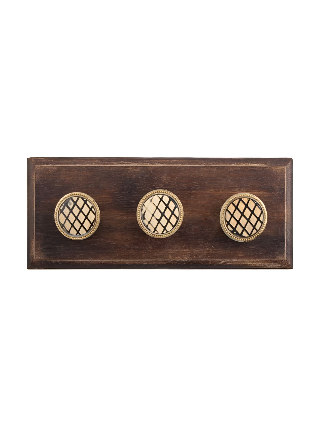 

Indianshelf Gold Toned Checked Wooden Wall 3 Hooks Key Holder