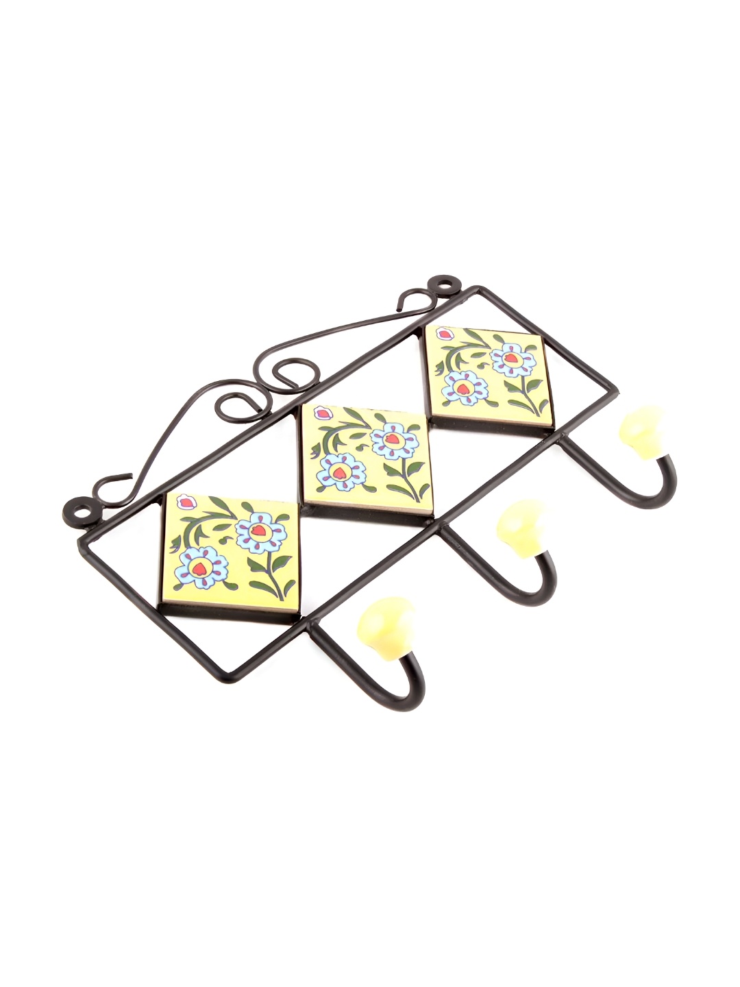 

Indianshelf Yellow & Black Floral Printed Ceramic Wall 3 Hooks Key Holder