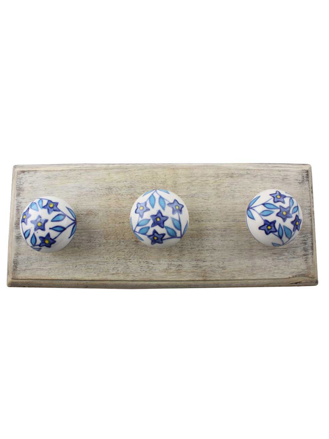 

Indianshelf Brown & Blue Star Floral Printed Wooden Wall 3 Hooks Holder