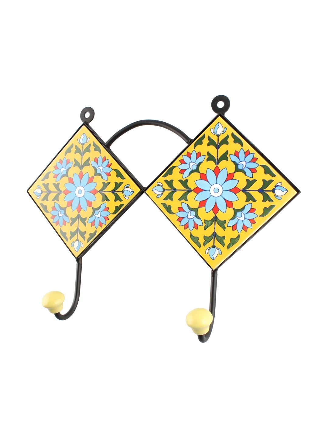 

Indianshelf Yellow & Green Floral Printed Ceramic Wall Hooks Key Holder