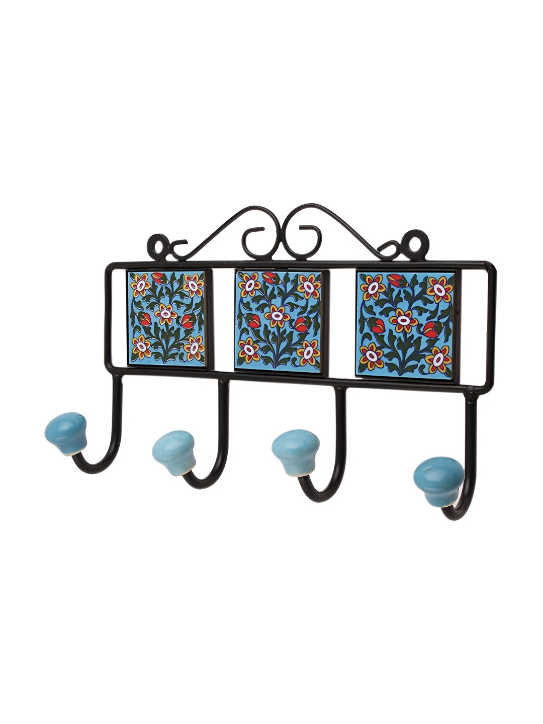

Indianshelf Green & Turquoise Blue Floral Printed Metal Wall Hooks Key Holder