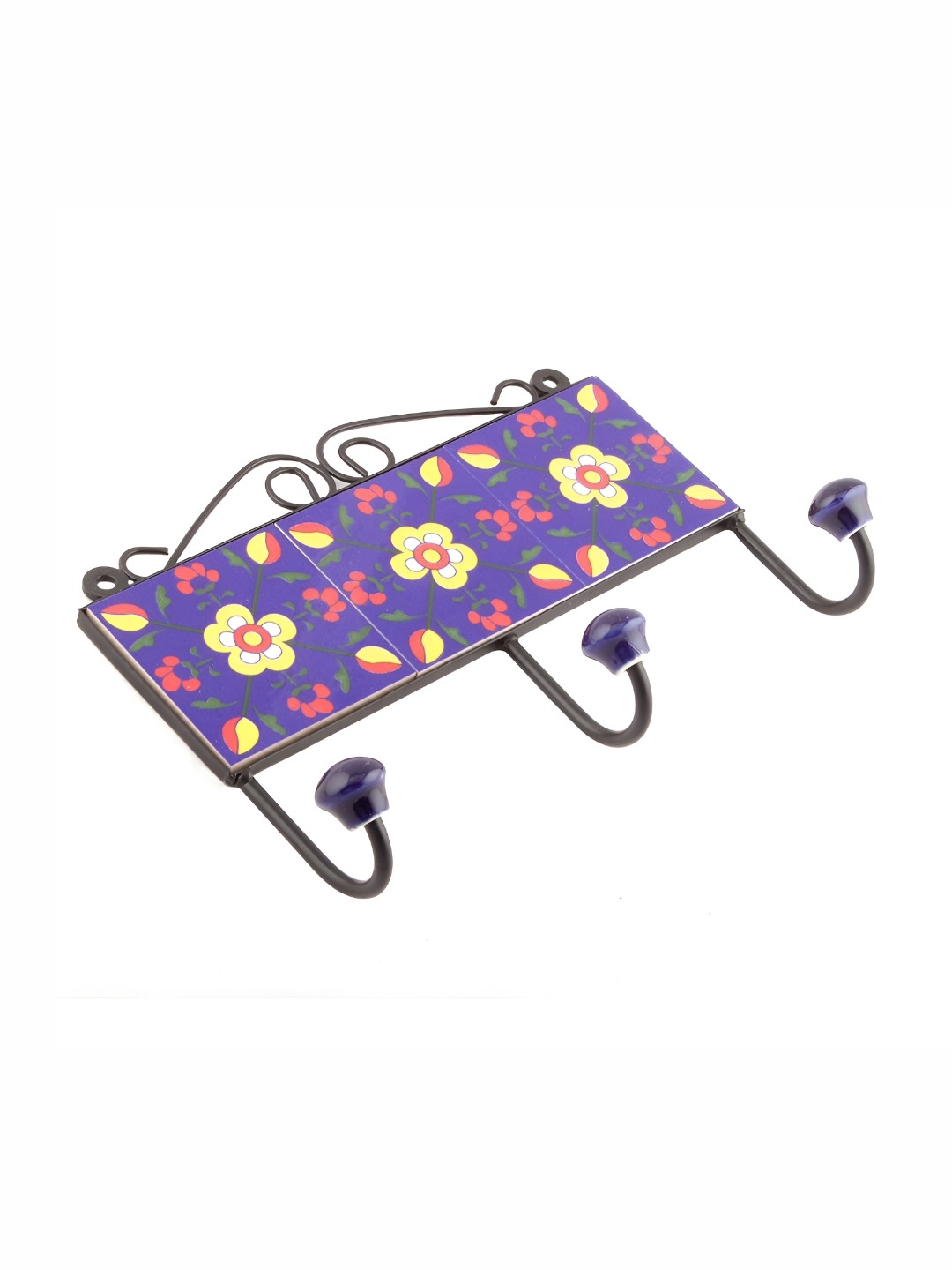 

Indianshelf Blue & Black Floral Printed Ceramic Wall Hooks Key Holder