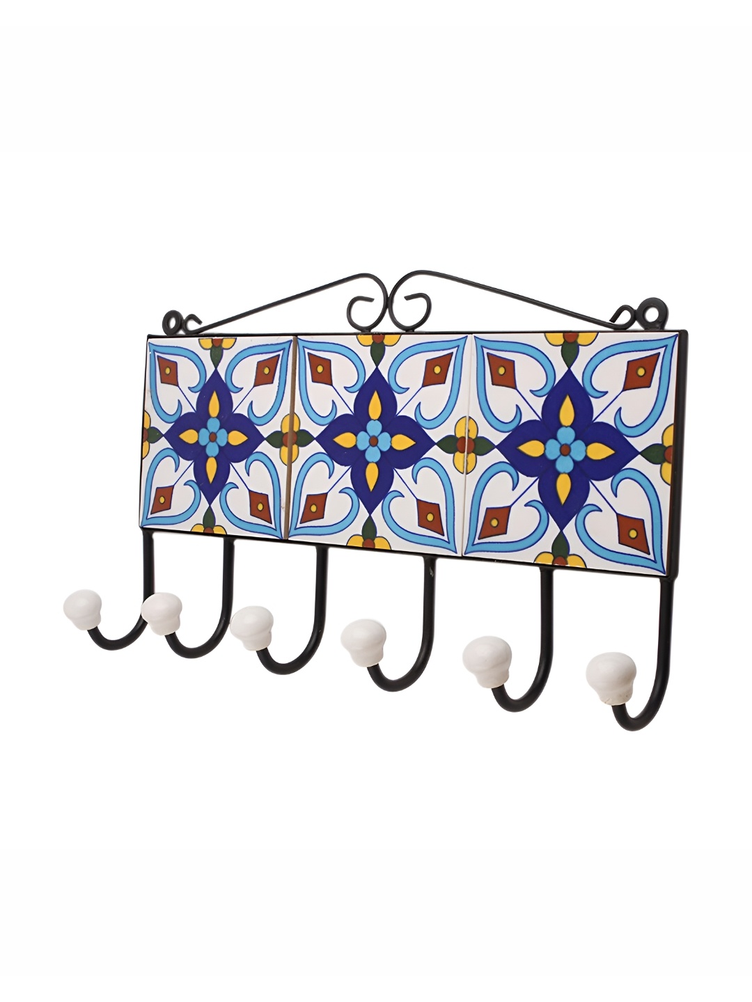 

Indianshelf White & Blue Floral Printed Ceramic Wall Hooks Key Holder