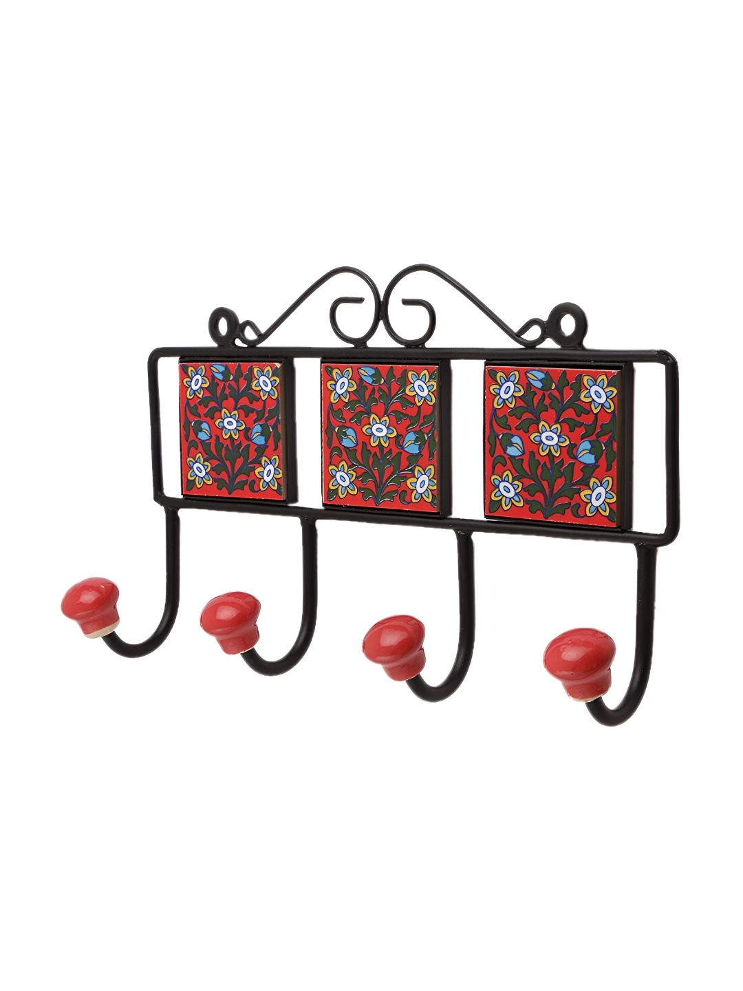 

Indianshelf Red Floral Tile Wall Hooks Key Holder