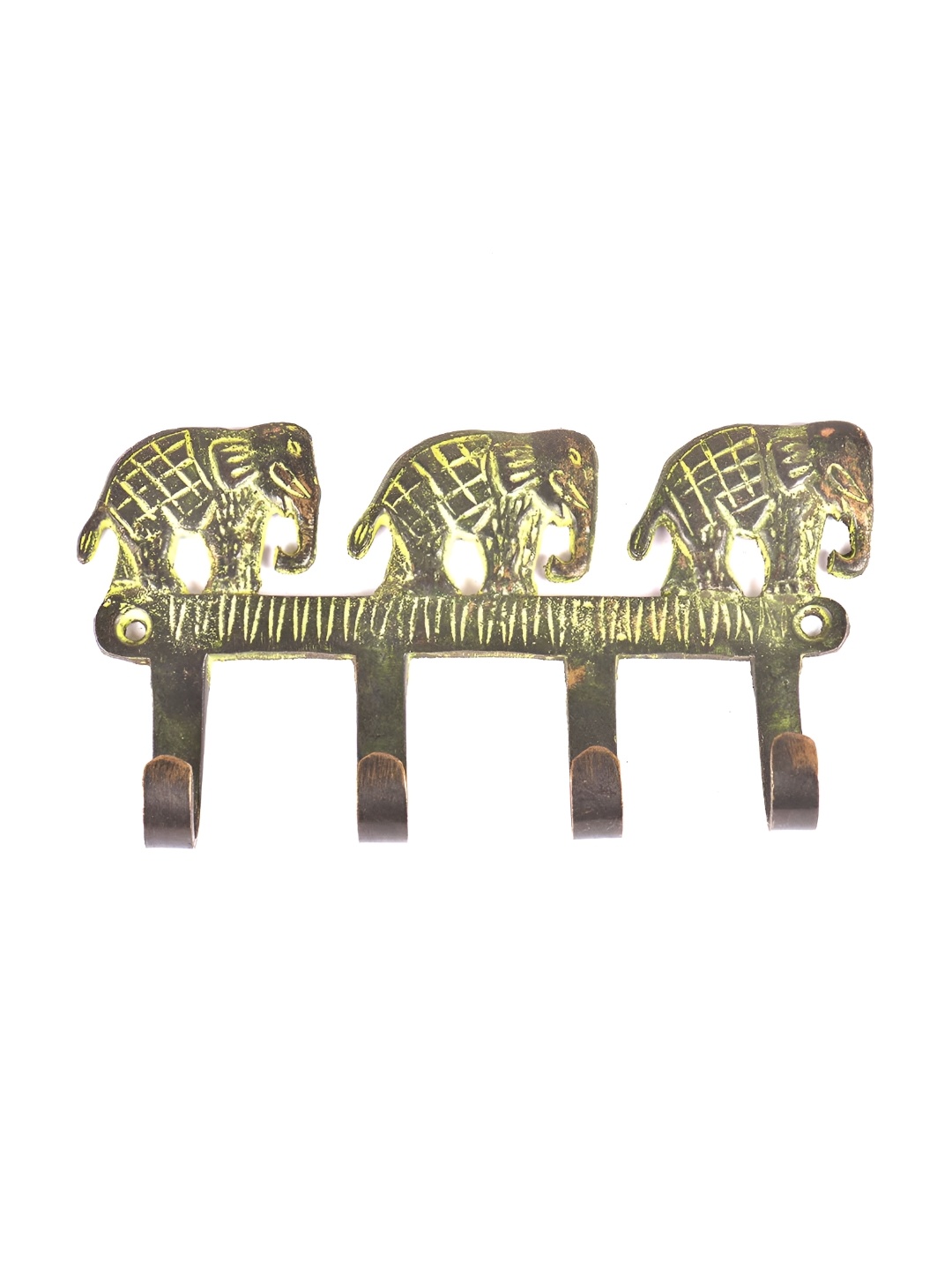 

Indianshelf Bronze & Green Elephant Patterned Brass Wall Hooks Key Holder
