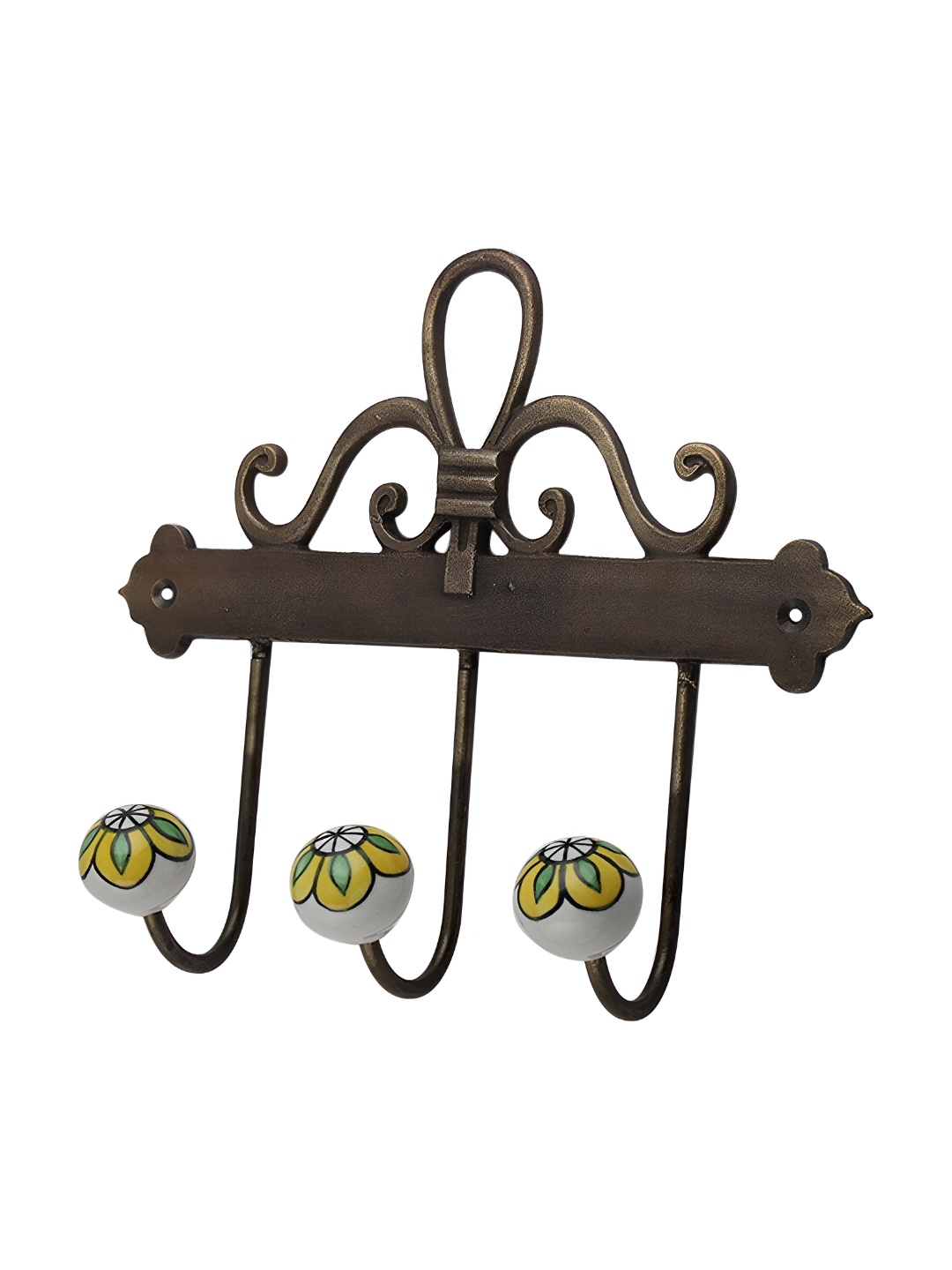 

Indianshelf Yellow & Brown Floral Printed Ceramic Wall Hooks Key Holder