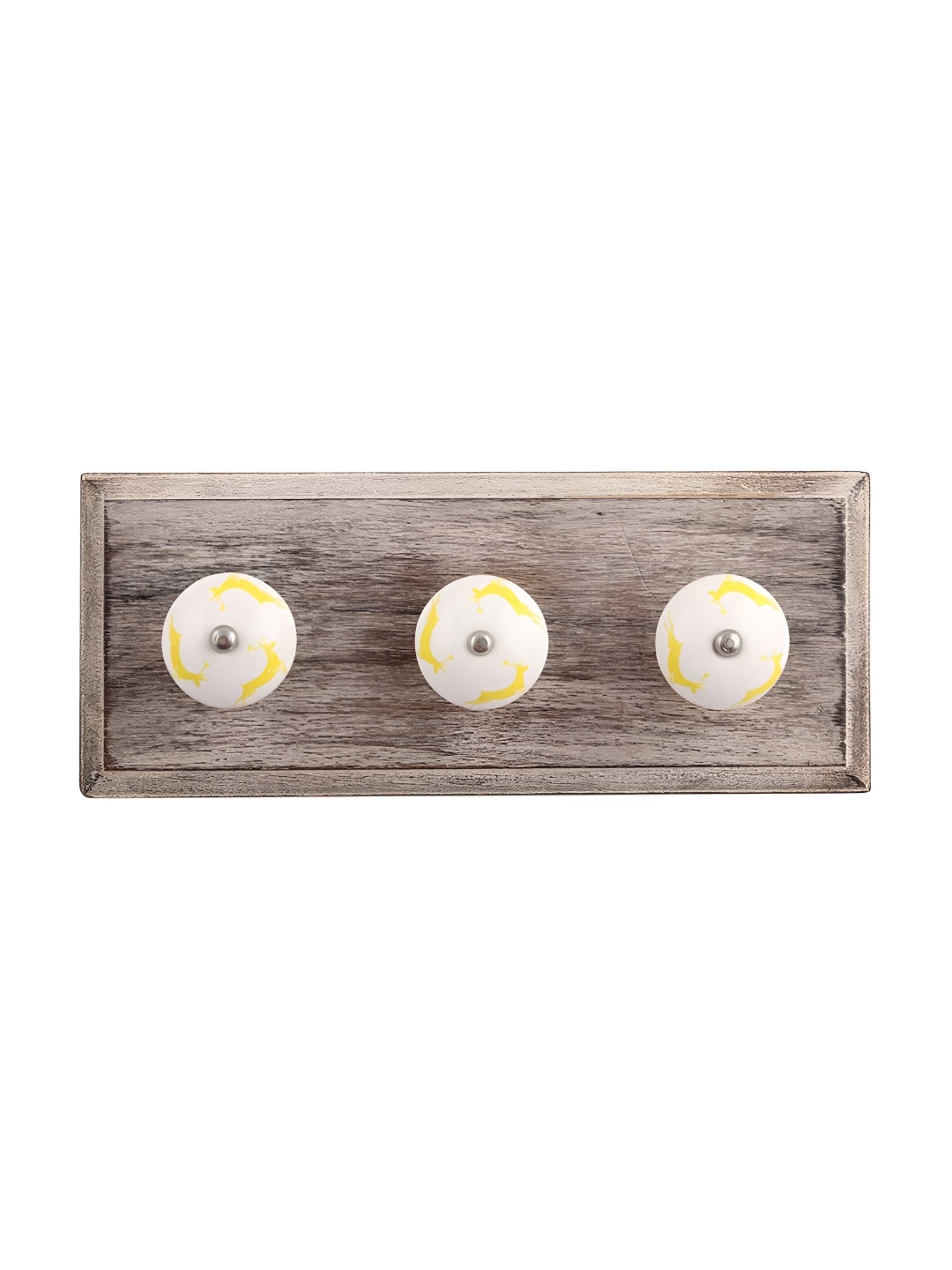 

Indianshelf White & Yellow 3 Hooks Running Reindeer Printed Wooden Wall Key Holder