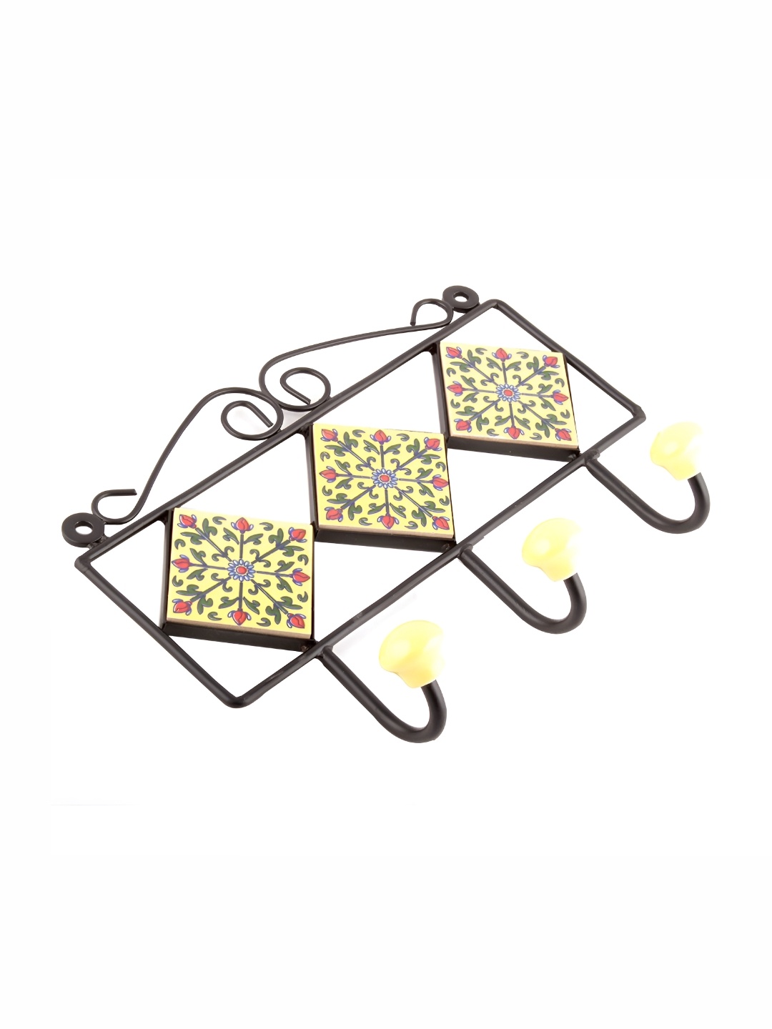 

Indianshelf Yellow & Black Floral Printed Ceramic Wall Key Holder