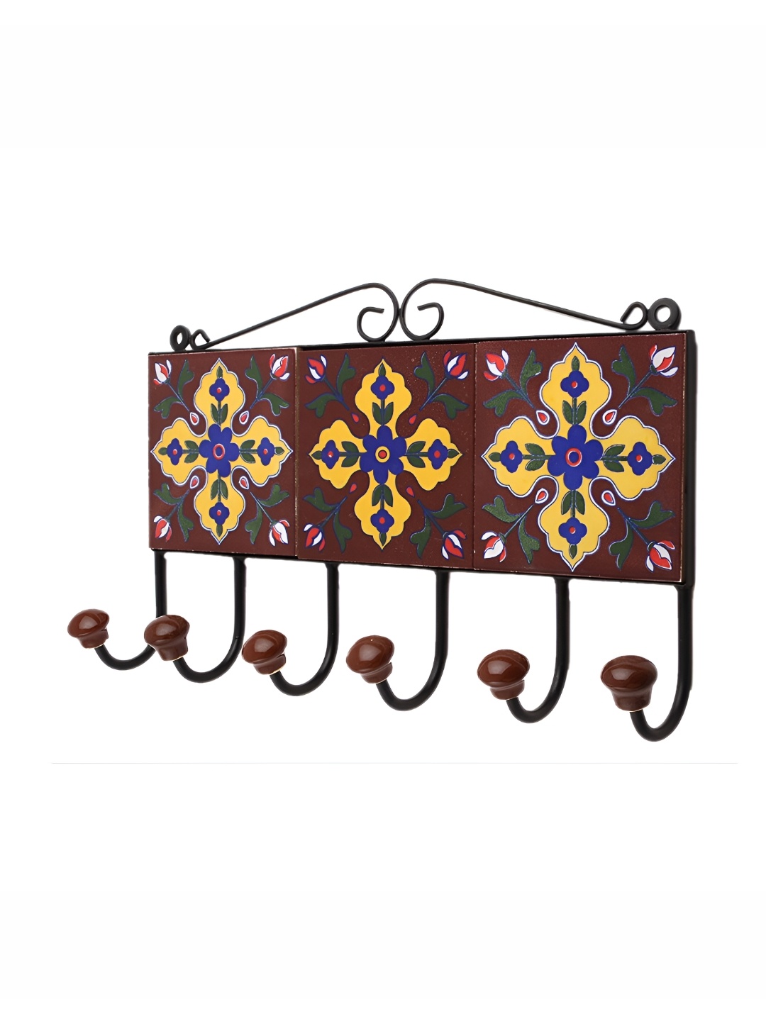 

Indianshelf Yellow & Brown Floral Printed Ceramic Wall Hooks Key Holder