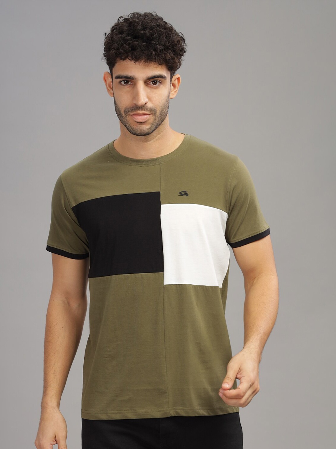 

ADRO Colourblocked Regular Fit Cotton T-shirt, Olive