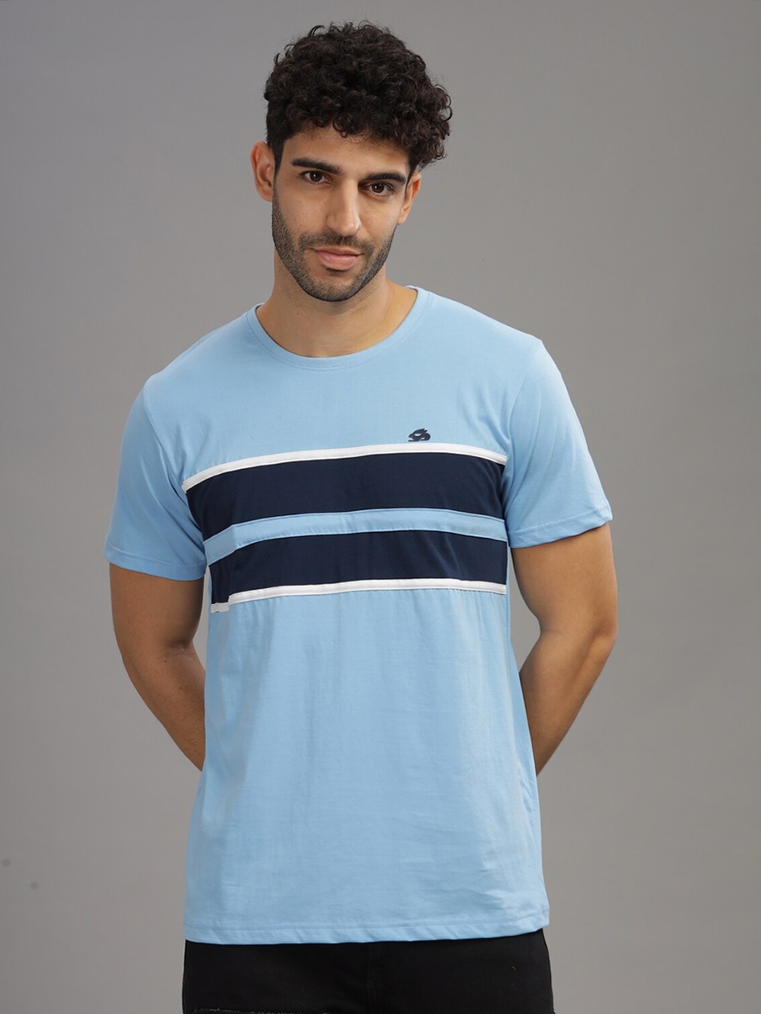 

ADRO Colourblocked Regular Fit Cotton T-shirt, Blue