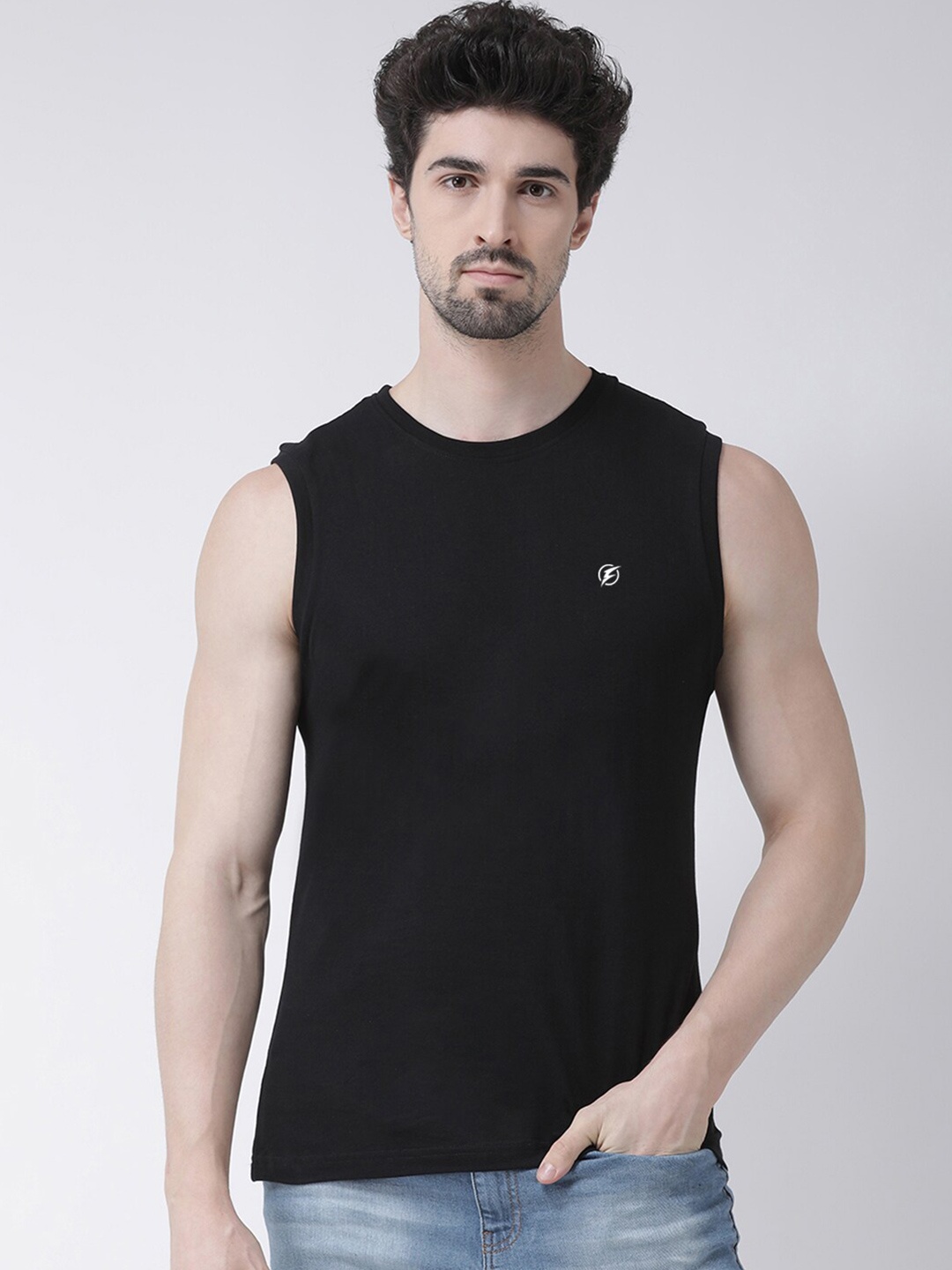 

Friskers Round Neck Sleeveless Cotton Slim Fit T-shirt, Black