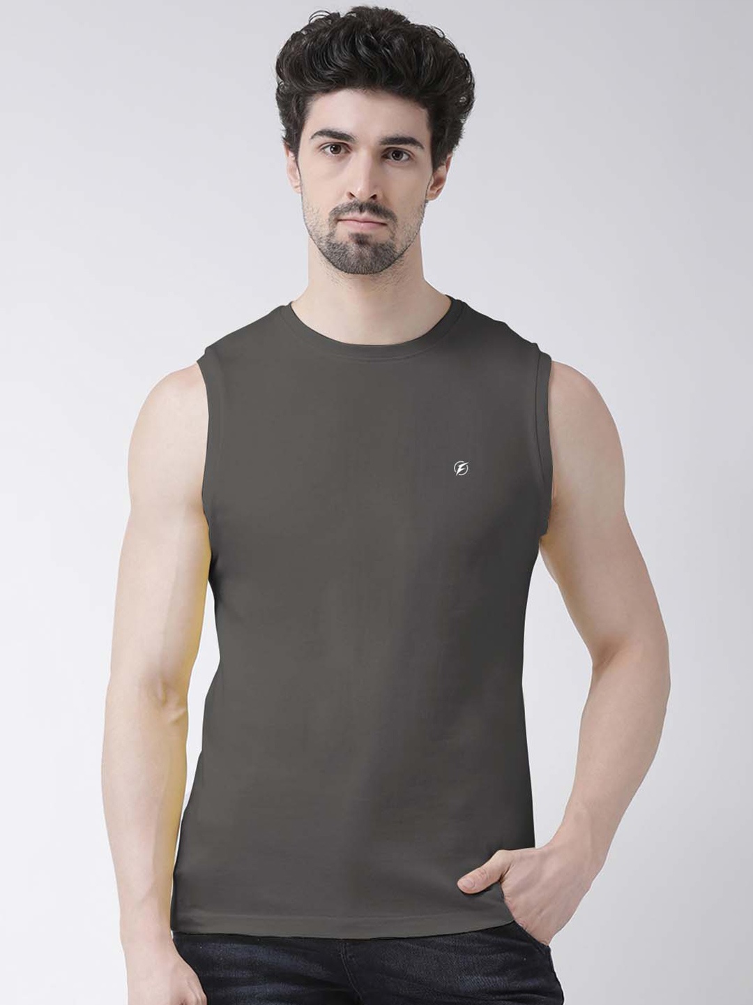 

Friskers Round Neck Sleeveless Cotton Slim Fit T-shirt, Grey