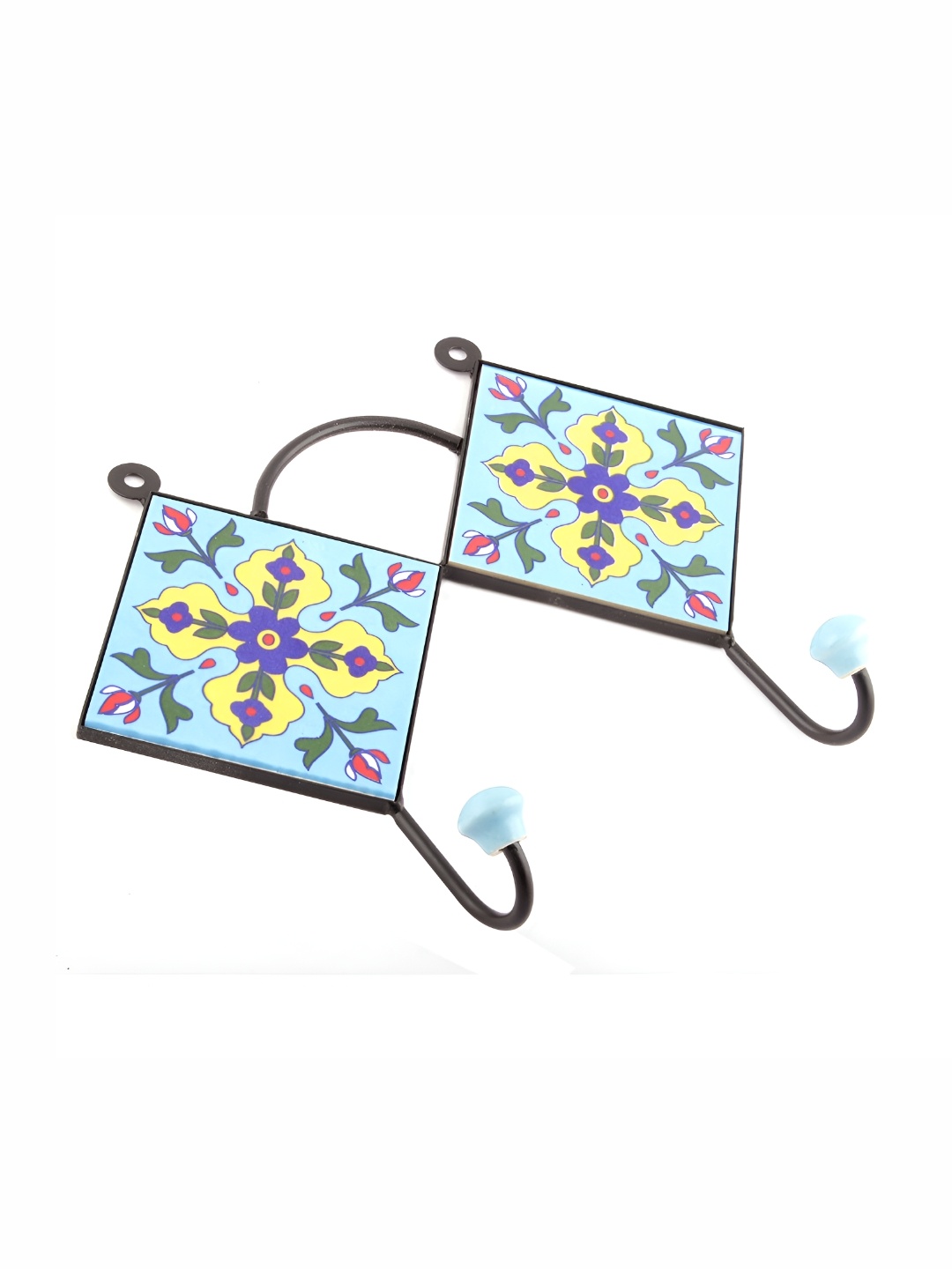 

Indianshelf Turquoise Blue Floral Printed Ceramic Wall Hooks Key Holder