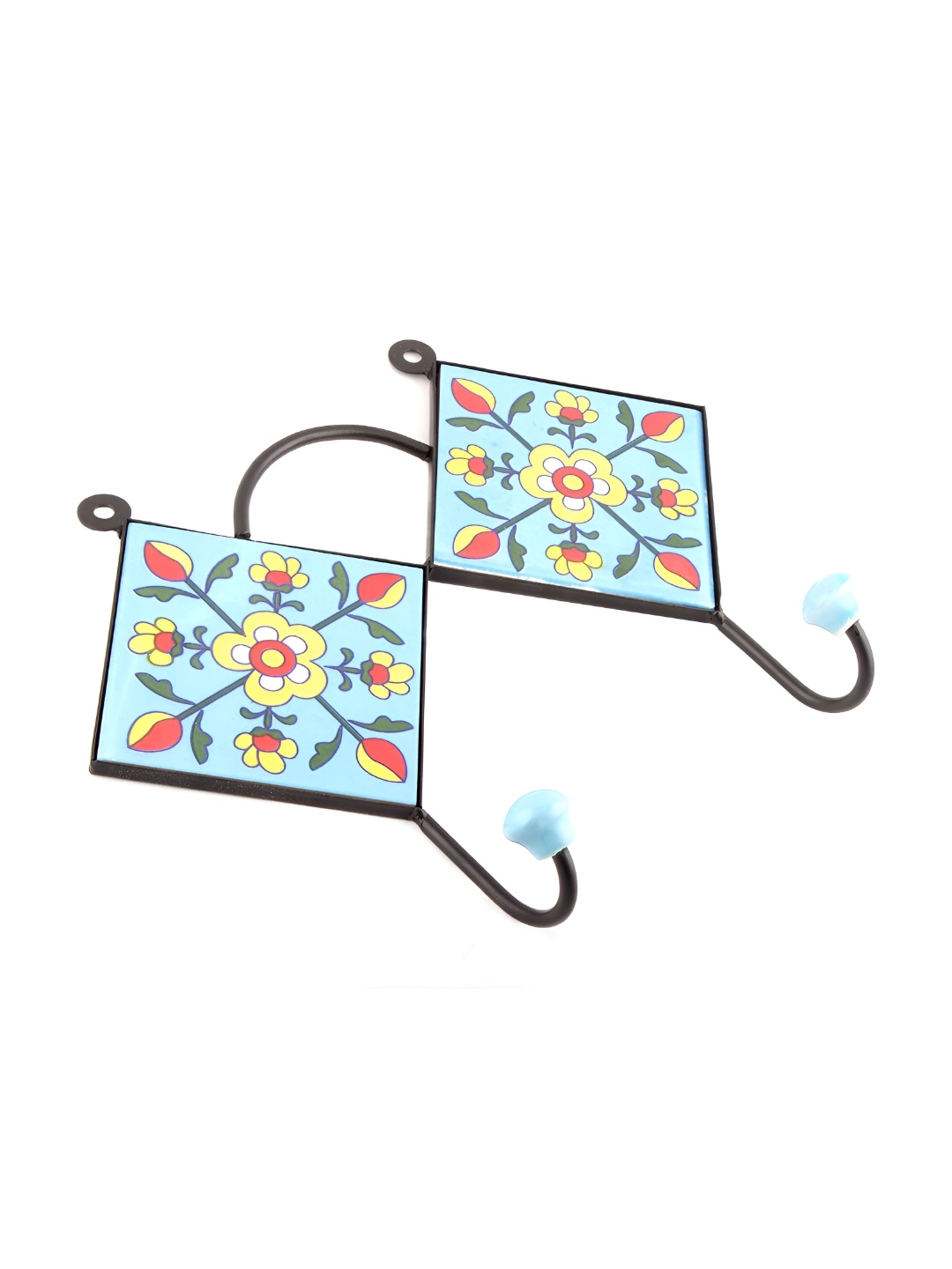 

Indianshelf Turquoise Blue & Yellow Floral Tile Ceramic Wall Hooks Key Holder