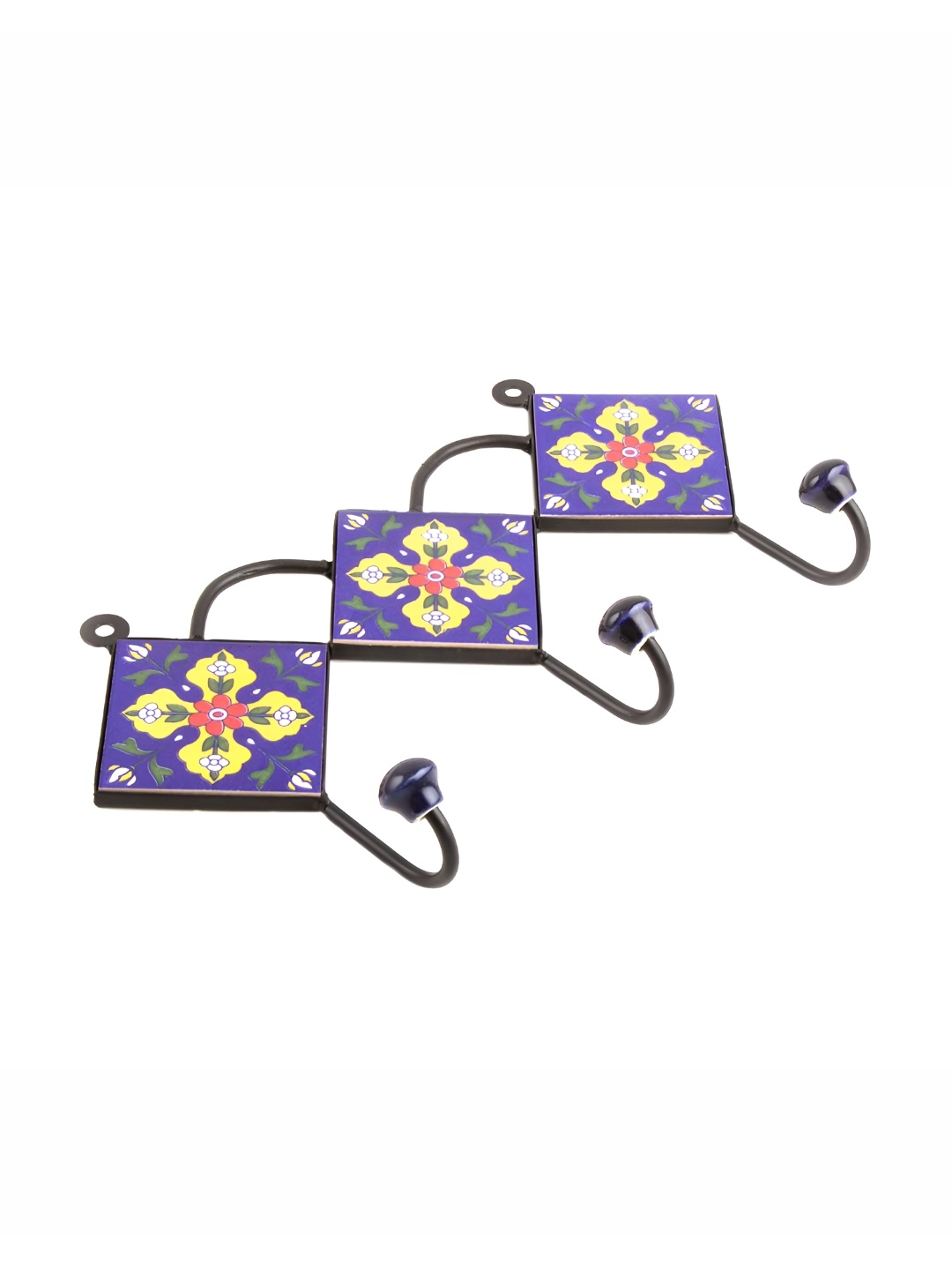 

Indianshelf Blue & Yellow Leaf Tile Ceramic Wall Hooks Key Holder