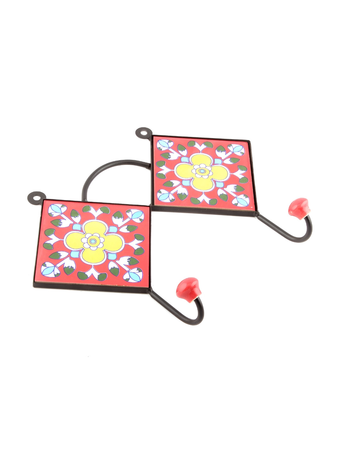 

Indianshelf Red Yellow Floral Ceramic Tile Wall Key Holder