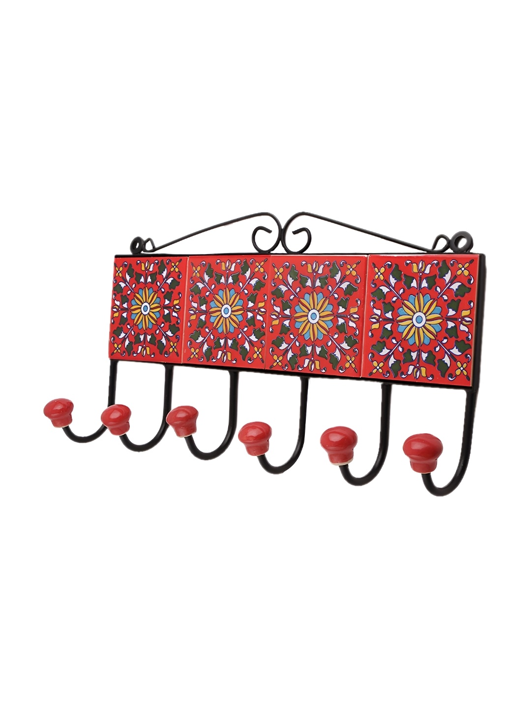 

Indianshelf Red & Green Floral Printed Ceramic Wall Hooks Key Holder