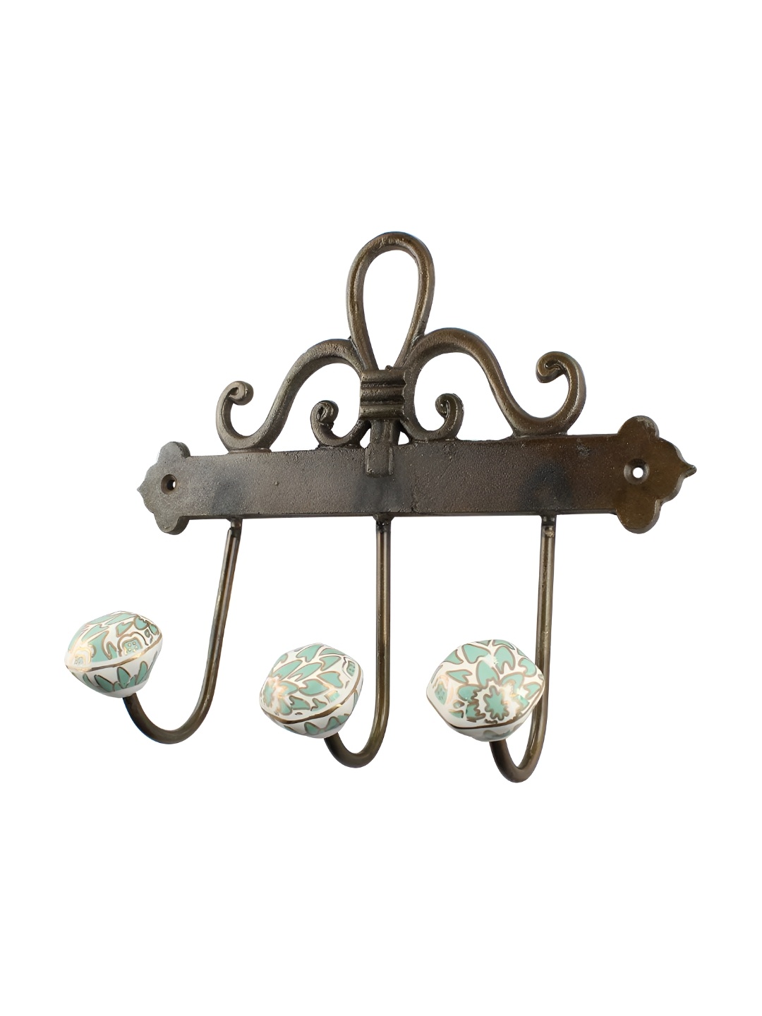 

Indianshelf Green & Brown Floral Printed Ceramic Wall Hooks Key Holder