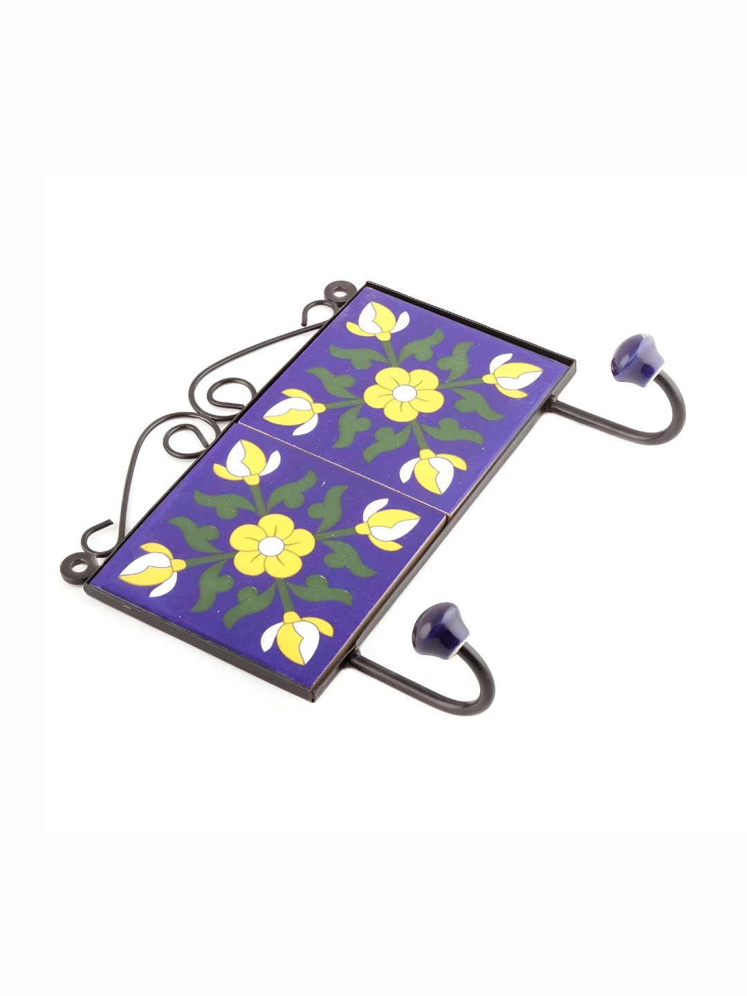 

Indianshelf Yellow & Blue Floral Printed Ceramic Wall Hooks Key Holder