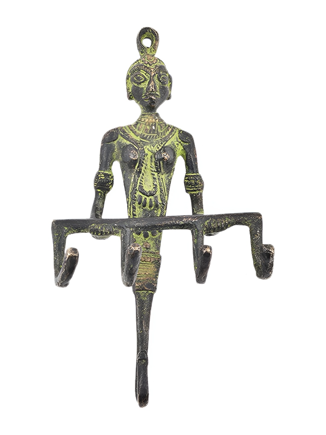 

Indianshelf Green Brass Tribal Serpent Goddess 4 Hooks Key Holder