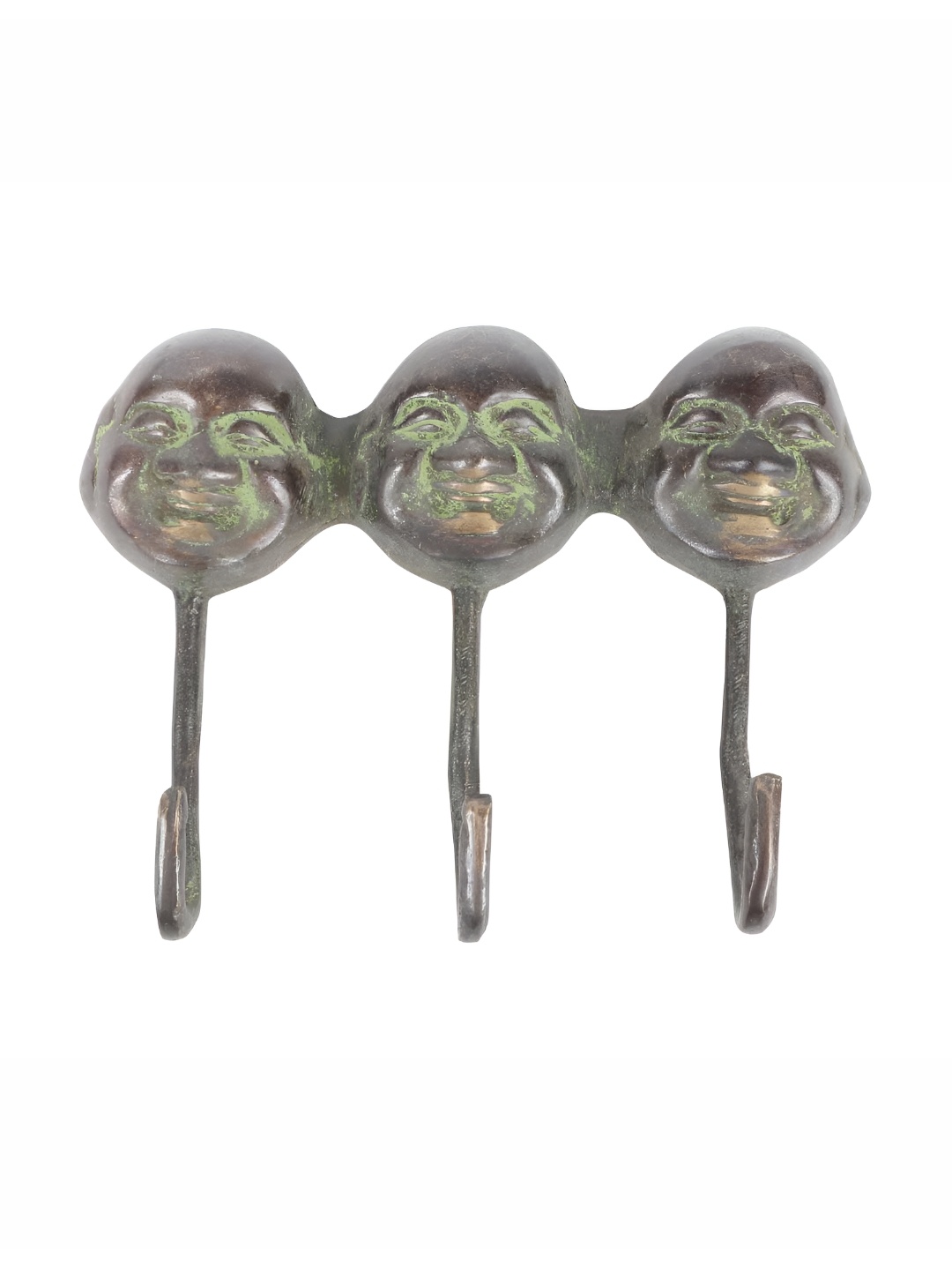 

Indianshelf Green Brass Laughing Buddha 3 Hooks Key Holder