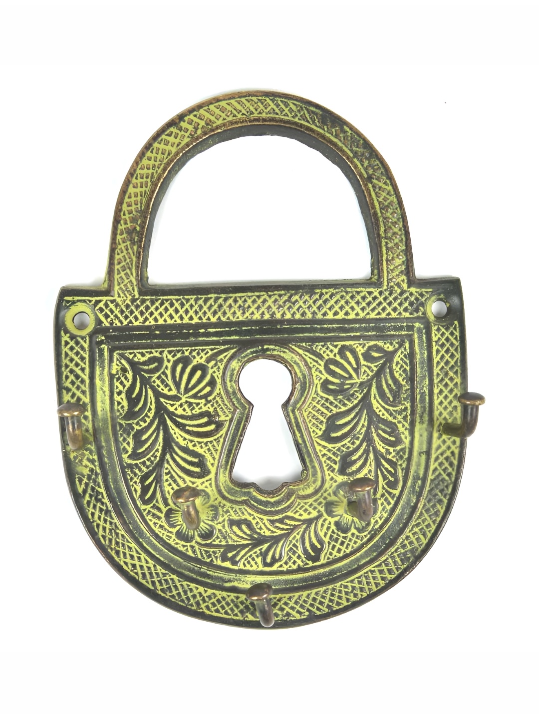 

Indianshelf Beige & Yellow Padlock Shape Antique Brass 5 Hooks Key Holder